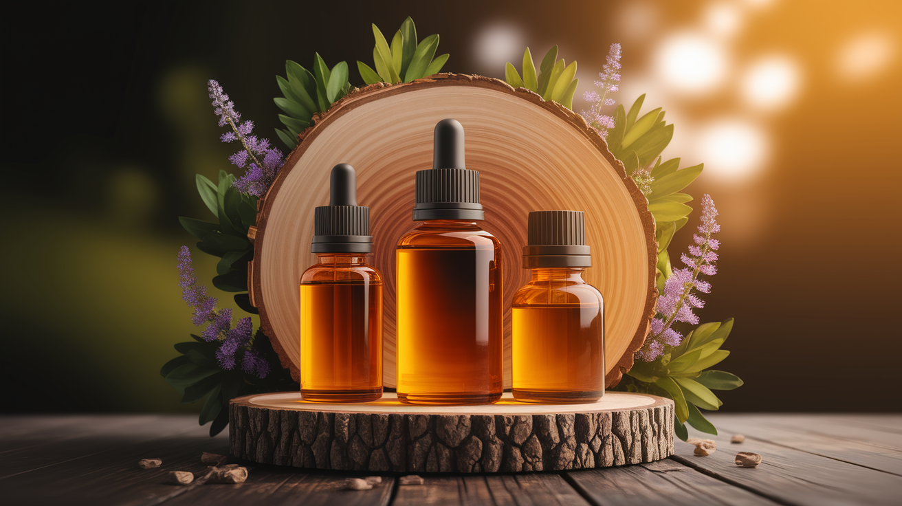 A conceptual illustration representing Carrier-oil Companions: Safe Dilution for Clear Results. Visualize the main ideas: . Creative but clear representation of the concept. Style: Use shallow depth of field with selective focus to create a professional, intimate feel  Employ warm, natural lighting that casts a honey-golden glow on the main subjects  Position items on a rustic wooden surface, preferably a cross-section of a tree trunk with visible rings and natural texture  Incorporate vibrant green foliage and delicate purple flowers around the composition's edges  Maintain a soft, gently blurred natural background with subtle bokeh effect  Feature a harmonious color palette of amber, deep greens, and soft purples  Arrange elements at varying heights to create visual interest and natural flow  Create a clean, uncluttered composition that feels organic yet intentional  Capture fine details and textures with macro-photography techniques  Evoke a serene, botanical spa-like atmosphere that feels both premium and natural. high quality, detailed, professional, clean composition, good lighting, sharp focus, well-composed. high quality, professional, detailed, well-composed