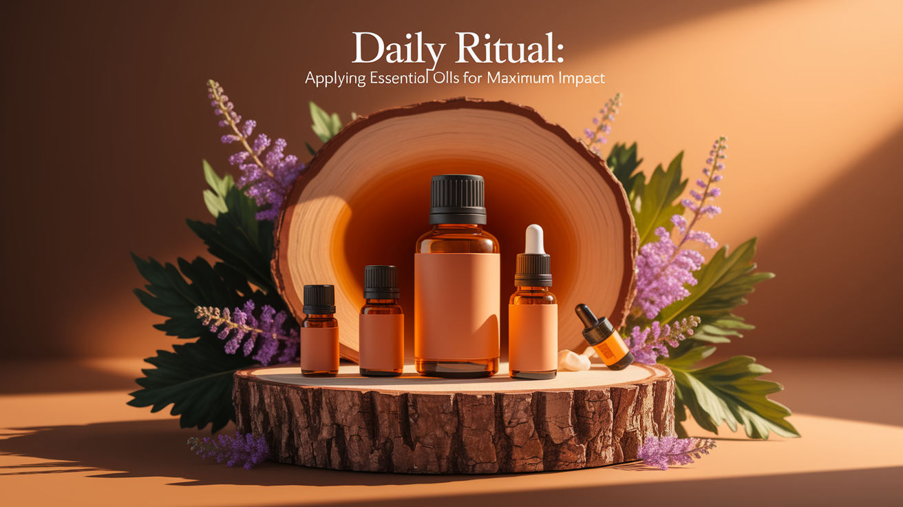 A conceptual illustration representing Daily Ritual: Applying Essential Oils for Maximum Impact. Visualize the main ideas: . Creative but clear representation of the concept. Style: Use shallow depth of field with selective focus to create a professional, intimate feel  Employ warm, natural lighting that casts a honey-golden glow on the main subjects  Position items on a rustic wooden surface, preferably a cross-section of a tree trunk with visible rings and natural texture  Incorporate vibrant green foliage and delicate purple flowers around the composition's edges  Maintain a soft, gently blurred natural background with subtle bokeh effect  Feature a harmonious color palette of amber, deep greens, and soft purples  Arrange elements at varying heights to create visual interest and natural flow  Create a clean, uncluttered composition that feels organic yet intentional  Capture fine details and textures with macro-photography techniques  Evoke a serene, botanical spa-like atmosphere that feels both premium and natural. high quality, detailed, professional, clean composition, good lighting, sharp focus, well-composed. high quality, professional, detailed, well-composed