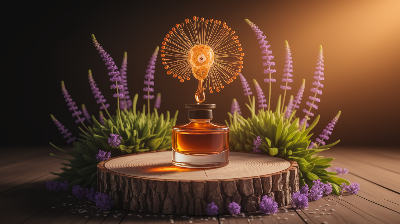 A conceptual illustration representing Scent and Synapses: How Aromas Shape Memory and Mood. Visualize the main ideas: . Creative but clear representation of the concept. Style: Use shallow depth of field with selective focus to create a professional, intimate feel  Employ warm, natural lighting that casts a honey-golden glow on the main subjects  Position items on a rustic wooden surface, preferably a cross-section of a tree trunk with visible rings and natural texture  Incorporate vibrant green foliage and delicate purple flowers around the composition's edges  Maintain a soft, gently blurred natural background with subtle bokeh effect  Feature a harmonious color palette of amber, deep greens, and soft purples  Arrange elements at varying heights to create visual interest and natural flow  Create a clean, uncluttered composition that feels organic yet intentional  Capture fine details and textures with macro-photography techniques  Evoke a serene, botanical spa-like atmosphere that feels both premium and natural. high quality, detailed, professional, clean composition, good lighting, sharp focus, well-composed. high quality, professional, detailed, well-composed