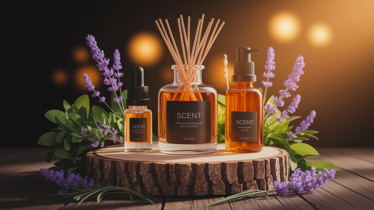 A conceptual illustration representing The Science of Scent: Olfactory Pathways and Brain Chemistry. Visualize the main ideas: . Creative but clear representation of the concept. Style: Use shallow depth of field with selective focus to create a professional, intimate feel  Employ warm, natural lighting that casts a honey-golden glow on the main subjects  Position items on a rustic wooden surface, preferably a cross-section of a tree trunk with visible rings and natural texture  Incorporate vibrant green foliage and delicate purple flowers around the composition's edges  Maintain a soft, gently blurred natural background with subtle bokeh effect  Feature a harmonious color palette of amber, deep greens, and soft purples  Arrange elements at varying heights to create visual interest and natural flow  Create a clean, uncluttered composition that feels organic yet intentional  Capture fine details and textures with macro-photography techniques  Evoke a serene, botanical spa-like atmosphere that feels both premium and natural. high quality, detailed, professional, clean composition, good lighting, sharp focus, well-composed. high quality, professional, detailed, well-composed