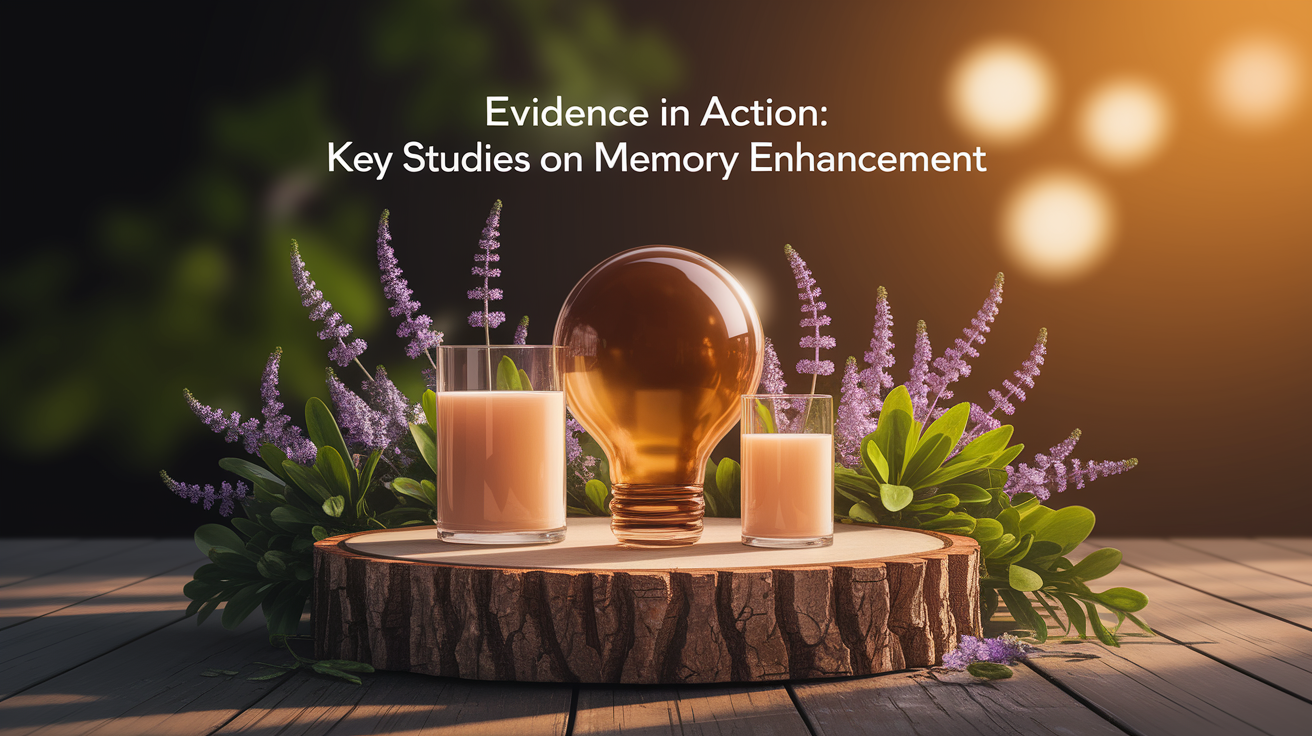 A conceptual illustration representing Evidence in Action: Key Studies on Memory Enhancement. Visualize the main ideas: . Creative but clear representation of the concept. Style: Use shallow depth of field with selective focus to create a professional, intimate feel  Employ warm, natural lighting that casts a honey-golden glow on the main subjects  Position items on a rustic wooden surface, preferably a cross-section of a tree trunk with visible rings and natural texture  Incorporate vibrant green foliage and delicate purple flowers around the composition's edges  Maintain a soft, gently blurred natural background with subtle bokeh effect  Feature a harmonious color palette of amber, deep greens, and soft purples  Arrange elements at varying heights to create visual interest and natural flow  Create a clean, uncluttered composition that feels organic yet intentional  Capture fine details and textures with macro-photography techniques  Evoke a serene, botanical spa-like atmosphere that feels both premium and natural. high quality, detailed, professional, clean composition, good lighting, sharp focus, well-composed. high quality, professional, detailed, well-composed