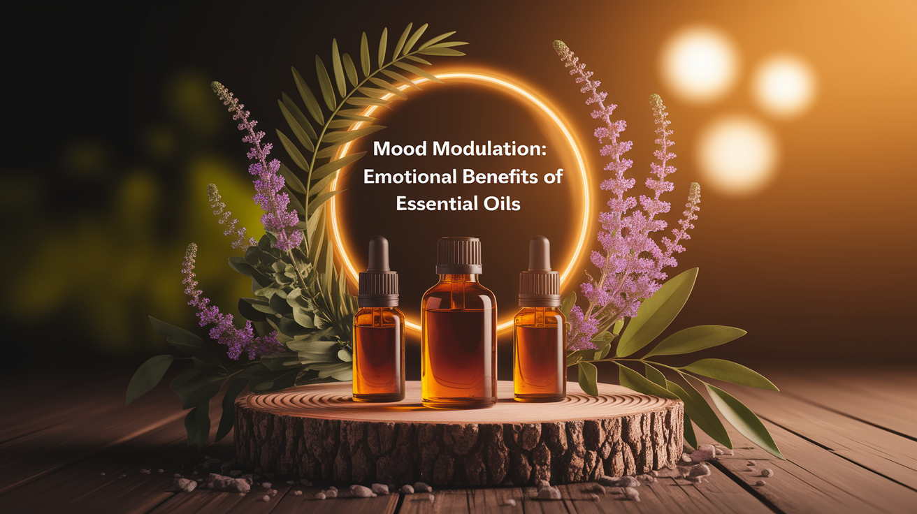 A conceptual illustration representing Mood Modulation: Emotional Benefits of Essential Oils. Visualize the main ideas: . Creative but clear representation of the concept. Style: Use shallow depth of field with selective focus to create a professional, intimate feel  Employ warm, natural lighting that casts a honey-golden glow on the main subjects  Position items on a rustic wooden surface, preferably a cross-section of a tree trunk with visible rings and natural texture  Incorporate vibrant green foliage and delicate purple flowers around the composition's edges  Maintain a soft, gently blurred natural background with subtle bokeh effect  Feature a harmonious color palette of amber, deep greens, and soft purples  Arrange elements at varying heights to create visual interest and natural flow  Create a clean, uncluttered composition that feels organic yet intentional  Capture fine details and textures with macro-photography techniques  Evoke a serene, botanical spa-like atmosphere that feels both premium and natural. high quality, detailed, professional, clean composition, good lighting, sharp focus, well-composed. high quality, professional, detailed, well-composed
