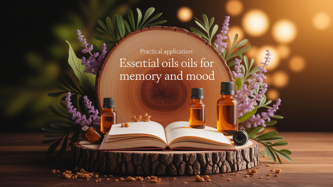A conceptual illustration representing Practical Application: Using Essential Oils for Memory and Mood. Visualize the main ideas: . Creative but clear representation of the concept. Style: Use shallow depth of field with selective focus to create a professional, intimate feel  Employ warm, natural lighting that casts a honey-golden glow on the main subjects  Position items on a rustic wooden surface, preferably a cross-section of a tree trunk with visible rings and natural texture  Incorporate vibrant green foliage and delicate purple flowers around the composition's edges  Maintain a soft, gently blurred natural background with subtle bokeh effect  Feature a harmonious color palette of amber, deep greens, and soft purples  Arrange elements at varying heights to create visual interest and natural flow  Create a clean, uncluttered composition that feels organic yet intentional  Capture fine details and textures with macro-photography techniques  Evoke a serene, botanical spa-like atmosphere that feels both premium and natural. high quality, detailed, professional, clean composition, good lighting, sharp focus, well-composed. high quality, professional, detailed, well-composed