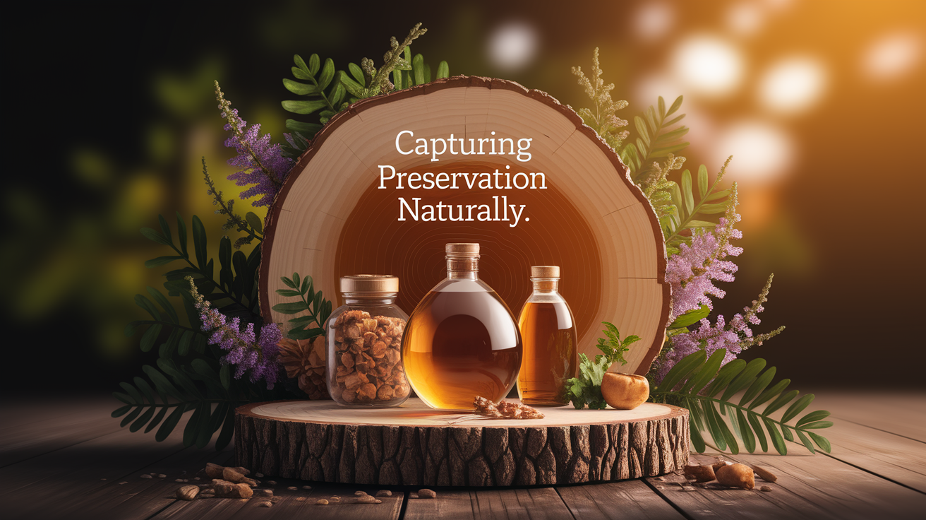 A conceptual illustration representing Capturing Preservation Naturally. Visualize the main ideas: . Creative but clear representation of the concept. Style: Use shallow depth of field with selective focus to create a professional, intimate feel Employ warm, natural lighting that casts a honey-golden glow on the main subjects Position items on a rustic wooden surface, preferably a cross-section of a tree trunk with visible rings and natural texture Incorporate vibrant green foliage and delicate purple flowers around the composition's edges Maintain a soft, gently blurred natural background with subtle bokeh effect Feature a harmonious color palette of amber, deep greens, and soft purples Arrange elements at varying heights to create visual interest and natural flow Create a clean, uncluttered composition that feels organic yet intentional Capture fine details and textures with macro-photography techniques Evoke a serene, botanical spa-like atmosphere that feels both premium and natural. high quality, detailed, professional, clean composition, good lighting, sharp focus, well-composed. high quality, professional, detailed, well-composed