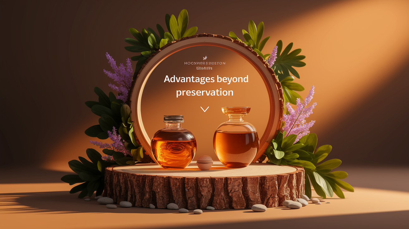 A conceptual illustration representing Advantages Beyond Preservation. Visualize the main ideas: . Creative but clear representation of the concept. Style: Use shallow depth of field with selective focus to create a professional, intimate feel Employ warm, natural lighting that casts a honey-golden glow on the main subjects Position items on a rustic wooden surface, preferably a cross-section of a tree trunk with visible rings and natural texture Incorporate vibrant green foliage and delicate purple flowers around the composition's edges Maintain a soft, gently blurred natural background with subtle bokeh effect Feature a harmonious color palette of amber, deep greens, and soft purples Arrange elements at varying heights to create visual interest and natural flow Create a clean, uncluttered composition that feels organic yet intentional Capture fine details and textures with macro-photography techniques Evoke a serene, botanical spa-like atmosphere that feels both premium and natural. high quality, detailed, professional, clean composition, good lighting, sharp focus, well-composed. high quality, professional, detailed, well-composed