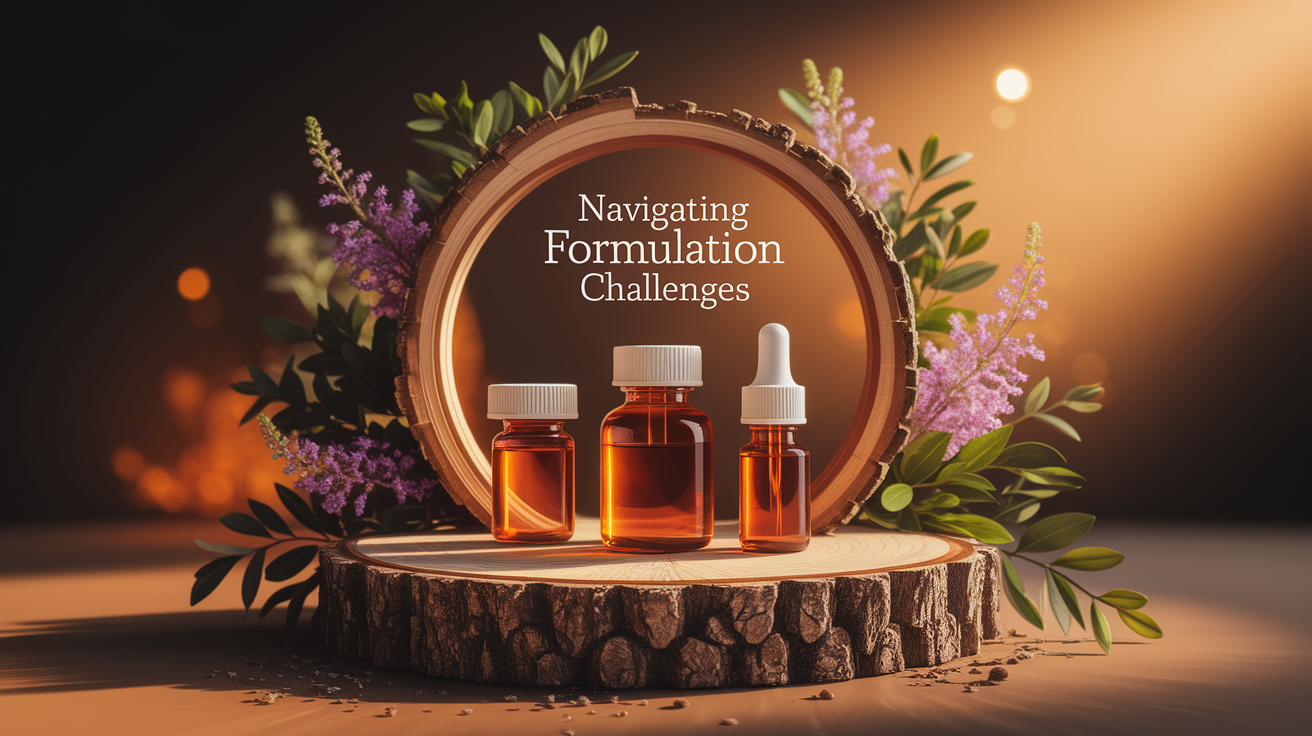 A conceptual illustration representing Navigating Formulation Challenges. Visualize the main ideas: . Creative but clear representation of the concept. Style: Use shallow depth of field with selective focus to create a professional, intimate feel Employ warm, natural lighting that casts a honey-golden glow on the main subjects Position items on a rustic wooden surface, preferably a cross-section of a tree trunk with visible rings and natural texture Incorporate vibrant green foliage and delicate purple flowers around the composition's edges Maintain a soft, gently blurred natural background with subtle bokeh effect Feature a harmonious color palette of amber, deep greens, and soft purples Arrange elements at varying heights to create visual interest and natural flow Create a clean, uncluttered composition that feels organic yet intentional Capture fine details and textures with macro-photography techniques Evoke a serene, botanical spa-like atmosphere that feels both premium and natural. high quality, detailed, professional, clean composition, good lighting, sharp focus, well-composed. high quality, professional, detailed, well-composed