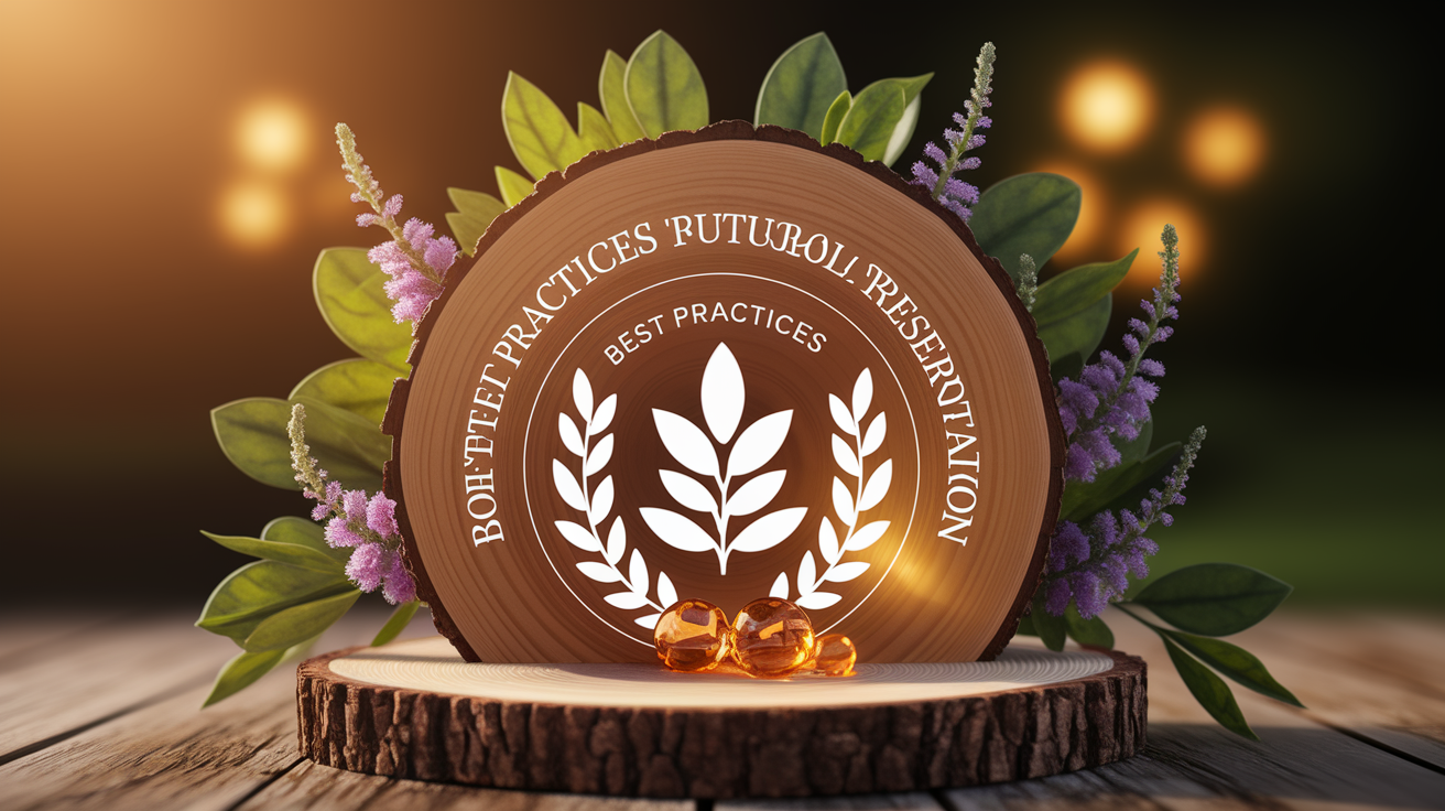 A conceptual illustration representing Best Practices for Natural Preservation. Visualize the main ideas: . Creative but clear representation of the concept. Style: Use shallow depth of field with selective focus to create a professional, intimate feel Employ warm, natural lighting that casts a honey-golden glow on the main subjects Position items on a rustic wooden surface, preferably a cross-section of a tree trunk with visible rings and natural texture Incorporate vibrant green foliage and delicate purple flowers around the composition's edges Maintain a soft, gently blurred natural background with subtle bokeh effect Feature a harmonious color palette of amber, deep greens, and soft purples Arrange elements at varying heights to create visual interest and natural flow Create a clean, uncluttered composition that feels organic yet intentional Capture fine details and textures with macro-photography techniques Evoke a serene, botanical spa-like atmosphere that feels both premium and natural. high quality, detailed, professional, clean composition, good lighting, sharp focus, well-composed. high quality, professional, detailed, well-composed