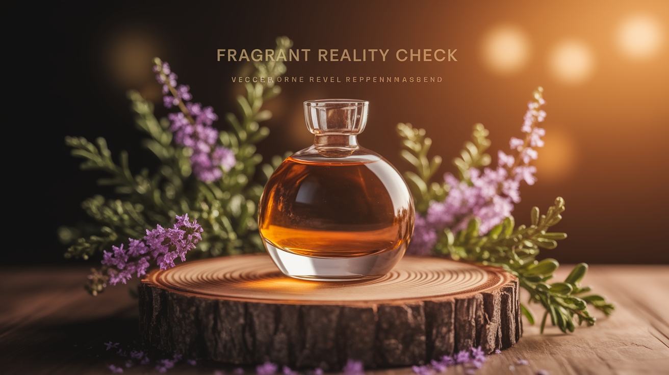 A conceptual illustration representing Fragrant Reality Check. Visualize the main ideas: . Creative but clear representation of the concept. Style: Use shallow depth of field with selective focus to create a professional, intimate feel  Employ warm, natural lighting that casts a honey-golden glow on the main subjects  Position items on a rustic wooden surface, preferably a cross-section of a tree trunk with visible rings and natural texture  Incorporate vibrant green foliage and delicate purple flowers around the composition's edges  Maintain a soft, gently blurred natural background with subtle bokeh effect  Feature a harmonious color palette of amber, deep greens, and soft purples  Arrange elements at varying heights to create visual interest and natural flow  Create a clean, uncluttered composition that feels organic yet intentional  Capture fine details and textures with macro-photography techniques  Evoke a serene, botanical spa-like atmosphere that feels both premium and natural. high quality, detailed, professional, clean composition, good lighting, sharp focus, well-composed. high quality, professional, detailed, well-composed