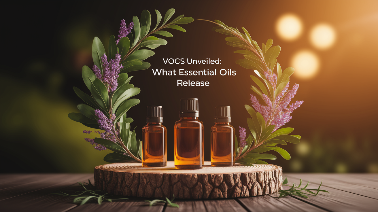 A conceptual illustration representing VOCs Unveiled: What Essential Oils Release. Visualize the main ideas: . Creative but clear representation of the concept. Style: Use shallow depth of field with selective focus to create a professional, intimate feel  Employ warm, natural lighting that casts a honey-golden glow on the main subjects  Position items on a rustic wooden surface, preferably a cross-section of a tree trunk with visible rings and natural texture  Incorporate vibrant green foliage and delicate purple flowers around the composition's edges  Maintain a soft, gently blurred natural background with subtle bokeh effect  Feature a harmonious color palette of amber, deep greens, and soft purples  Arrange elements at varying heights to create visual interest and natural flow  Create a clean, uncluttered composition that feels organic yet intentional  Capture fine details and textures with macro-photography techniques  Evoke a serene, botanical spa-like atmosphere that feels both premium and natural. high quality, detailed, professional, clean composition, good lighting, sharp focus, well-composed. high quality, professional, detailed, well-composed