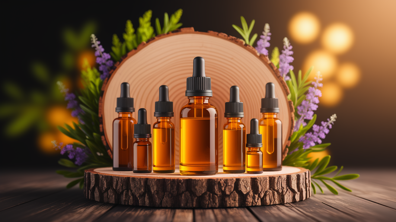 A conceptual illustration representing Selecting Low-Impact Oils. Visualize the main ideas: . Creative but clear representation of the concept. Style: Use shallow depth of field with selective focus to create a professional, intimate feel  Employ warm, natural lighting that casts a honey-golden glow on the main subjects  Position items on a rustic wooden surface, preferably a cross-section of a tree trunk with visible rings and natural texture  Incorporate vibrant green foliage and delicate purple flowers around the composition's edges  Maintain a soft, gently blurred natural background with subtle bokeh effect  Feature a harmonious color palette of amber, deep greens, and soft purples  Arrange elements at varying heights to create visual interest and natural flow  Create a clean, uncluttered composition that feels organic yet intentional  Capture fine details and textures with macro-photography techniques  Evoke a serene, botanical spa-like atmosphere that feels both premium and natural. high quality, detailed, professional, clean composition, good lighting, sharp focus, well-composed. high quality, professional, detailed, well-composed