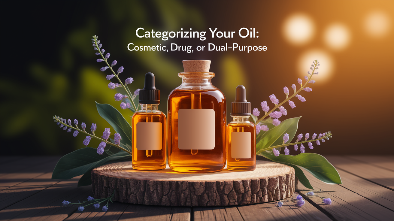 A conceptual illustration representing Categorizing Your Oil: Cosmetic, Drug, or Dual-Purpose. Visualize the main ideas: . Creative but clear representation of the concept. Style: Use shallow depth of field with selective focus to create a professional, intimate feel  Employ warm, natural lighting that casts a honey-golden glow on the main subjects  Position items on a rustic wooden surface, preferably a cross-section of a tree trunk with visible rings and natural texture  Incorporate vibrant green foliage and delicate purple flowers around the composition's edges  Maintain a soft, gently blurred natural background with subtle bokeh effect  Feature a harmonious color palette of amber, deep greens, and soft purples  Arrange elements at varying heights to create visual interest and natural flow  Create a clean, uncluttered composition that feels organic yet intentional  Capture fine details and textures with macro-photography techniques  Evoke a serene, botanical spa-like atmosphere that feels both premium and natural. high quality, detailed, professional, clean composition, good lighting, sharp focus, well-composed. high quality, professional, detailed, well-composed
