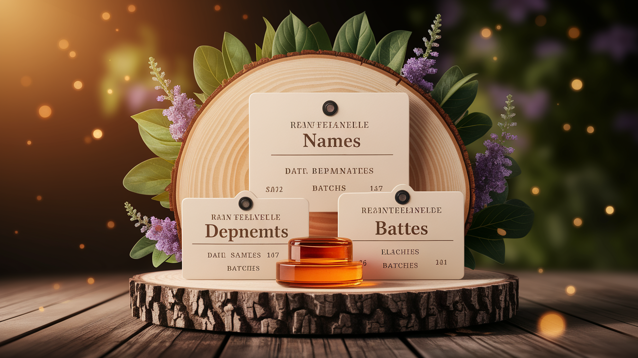 A conceptual illustration representing Specific Label Elements: Names, Dates, and Batches. Visualize the main ideas: . Creative but clear representation of the concept. Style: Use shallow depth of field with selective focus to create a professional, intimate feel  Employ warm, natural lighting that casts a honey-golden glow on the main subjects  Position items on a rustic wooden surface, preferably a cross-section of a tree trunk with visible rings and natural texture  Incorporate vibrant green foliage and delicate purple flowers around the composition's edges  Maintain a soft, gently blurred natural background with subtle bokeh effect  Feature a harmonious color palette of amber, deep greens, and soft purples  Arrange elements at varying heights to create visual interest and natural flow  Create a clean, uncluttered composition that feels organic yet intentional  Capture fine details and textures with macro-photography techniques  Evoke a serene, botanical spa-like atmosphere that feels both premium and natural. high quality, detailed, professional, clean composition, good lighting, sharp focus, well-composed. high quality, professional, detailed, well-composed