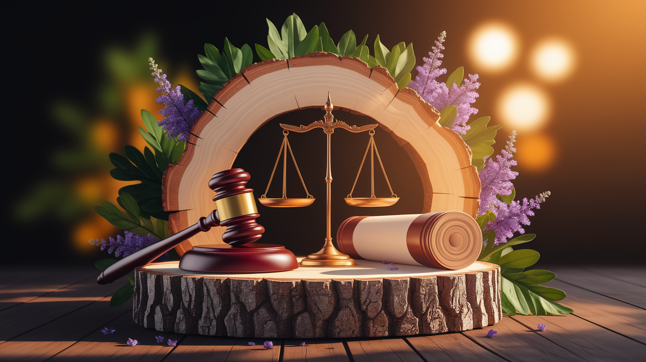 A conceptual illustration representing Claim Guidelines: Staying Within Legal Boundaries. Visualize the main ideas: . Creative but clear representation of the concept. Style: Use shallow depth of field with selective focus to create a professional, intimate feel  Employ warm, natural lighting that casts a honey-golden glow on the main subjects  Position items on a rustic wooden surface, preferably a cross-section of a tree trunk with visible rings and natural texture  Incorporate vibrant green foliage and delicate purple flowers around the composition's edges  Maintain a soft, gently blurred natural background with subtle bokeh effect  Feature a harmonious color palette of amber, deep greens, and soft purples  Arrange elements at varying heights to create visual interest and natural flow  Create a clean, uncluttered composition that feels organic yet intentional  Capture fine details and textures with macro-photography techniques  Evoke a serene, botanical spa-like atmosphere that feels both premium and natural. high quality, detailed, professional, clean composition, good lighting, sharp focus, well-composed. high quality, professional, detailed, well-composed
