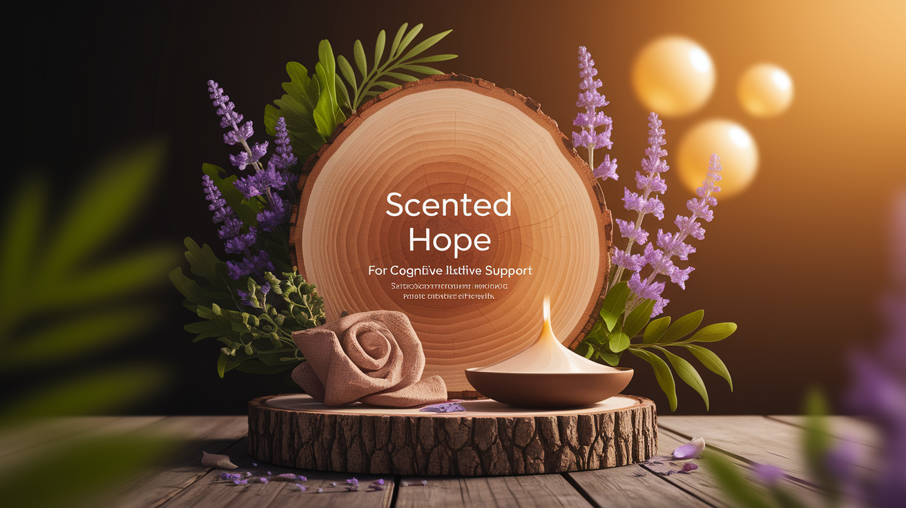 A conceptual illustration representing Introduction: Scented Hope for Cognitive Support. Visualize the main ideas: . Creative but clear representation of the concept. Style: Use shallow depth of field with selective focus to create a professional, intimate feel  Employ warm, natural lighting that casts a honey-golden glow on the main subjects  Position items on a rustic wooden surface, preferably a cross-section of a tree trunk with visible rings and natural texture  Incorporate vibrant green foliage and delicate purple flowers around the composition's edges  Maintain a soft, gently blurred natural background with subtle bokeh effect  Feature a harmonious color palette of amber, deep greens, and soft purples  Arrange elements at varying heights to create visual interest and natural flow  Create a clean, uncluttered composition that feels organic yet intentional  Capture fine details and textures with macro-photography techniques  Evoke a serene, botanical spa-like atmosphere that feels both premium and natural. high quality, detailed, professional, clean composition, good lighting, sharp focus, well-composed. high quality, professional, detailed, well-composed