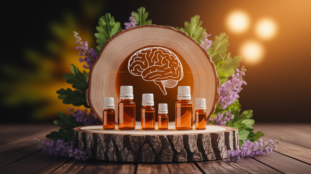 A conceptual illustration representing How Essential Oils Interact with the Brain. Visualize the main ideas: . Creative but clear representation of the concept. Style: Use shallow depth of field with selective focus to create a professional, intimate feel  Employ warm, natural lighting that casts a honey-golden glow on the main subjects  Position items on a rustic wooden surface, preferably a cross-section of a tree trunk with visible rings and natural texture  Incorporate vibrant green foliage and delicate purple flowers around the composition's edges  Maintain a soft, gently blurred natural background with subtle bokeh effect  Feature a harmonious color palette of amber, deep greens, and soft purples  Arrange elements at varying heights to create visual interest and natural flow  Create a clean, uncluttered composition that feels organic yet intentional  Capture fine details and textures with macro-photography techniques  Evoke a serene, botanical spa-like atmosphere that feels both premium and natural. high quality, detailed, professional, clean composition, good lighting, sharp focus, well-composed. high quality, professional, detailed, well-composed