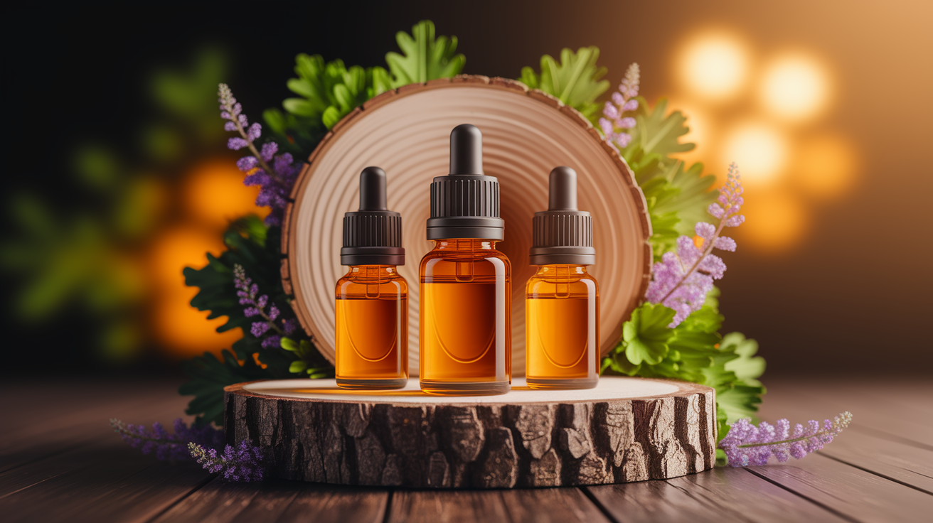 A conceptual illustration representing Top Essential Oils for Cognitive Benefits. Visualize the main ideas: . Creative but clear representation of the concept. Style: Use shallow depth of field with selective focus to create a professional, intimate feel  Employ warm, natural lighting that casts a honey-golden glow on the main subjects  Position items on a rustic wooden surface, preferably a cross-section of a tree trunk with visible rings and natural texture  Incorporate vibrant green foliage and delicate purple flowers around the composition's edges  Maintain a soft, gently blurred natural background with subtle bokeh effect  Feature a harmonious color palette of amber, deep greens, and soft purples  Arrange elements at varying heights to create visual interest and natural flow  Create a clean, uncluttered composition that feels organic yet intentional  Capture fine details and textures with macro-photography techniques  Evoke a serene, botanical spa-like atmosphere that feels both premium and natural. high quality, detailed, professional, clean composition, good lighting, sharp focus, well-composed. high quality, professional, detailed, well-composed