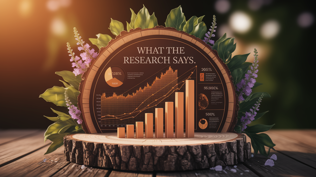 A clean, professional data visualization or infographic related to What the Research Says. Include elements like charts, graphs, or statistical representations. Focus on . Style: Use shallow depth of field with selective focus to create a professional, intimate feel  Employ warm, natural lighting that casts a honey-golden glow on the main subjects  Position items on a rustic wooden surface, preferably a cross-section of a tree trunk with visible rings and natural texture  Incorporate vibrant green foliage and delicate purple flowers around the composition's edges  Maintain a soft, gently blurred natural background with subtle bokeh effect  Feature a harmonious color palette of amber, deep greens, and soft purples  Arrange elements at varying heights to create visual interest and natural flow  Create a clean, uncluttered composition that feels organic yet intentional  Capture fine details and textures with macro-photography techniques  Evoke a serene, botanical spa-like atmosphere that feels both premium and natural. high quality, detailed, professional, clean composition, good lighting, sharp focus, well-composed. high quality, professional, detailed, well-composed