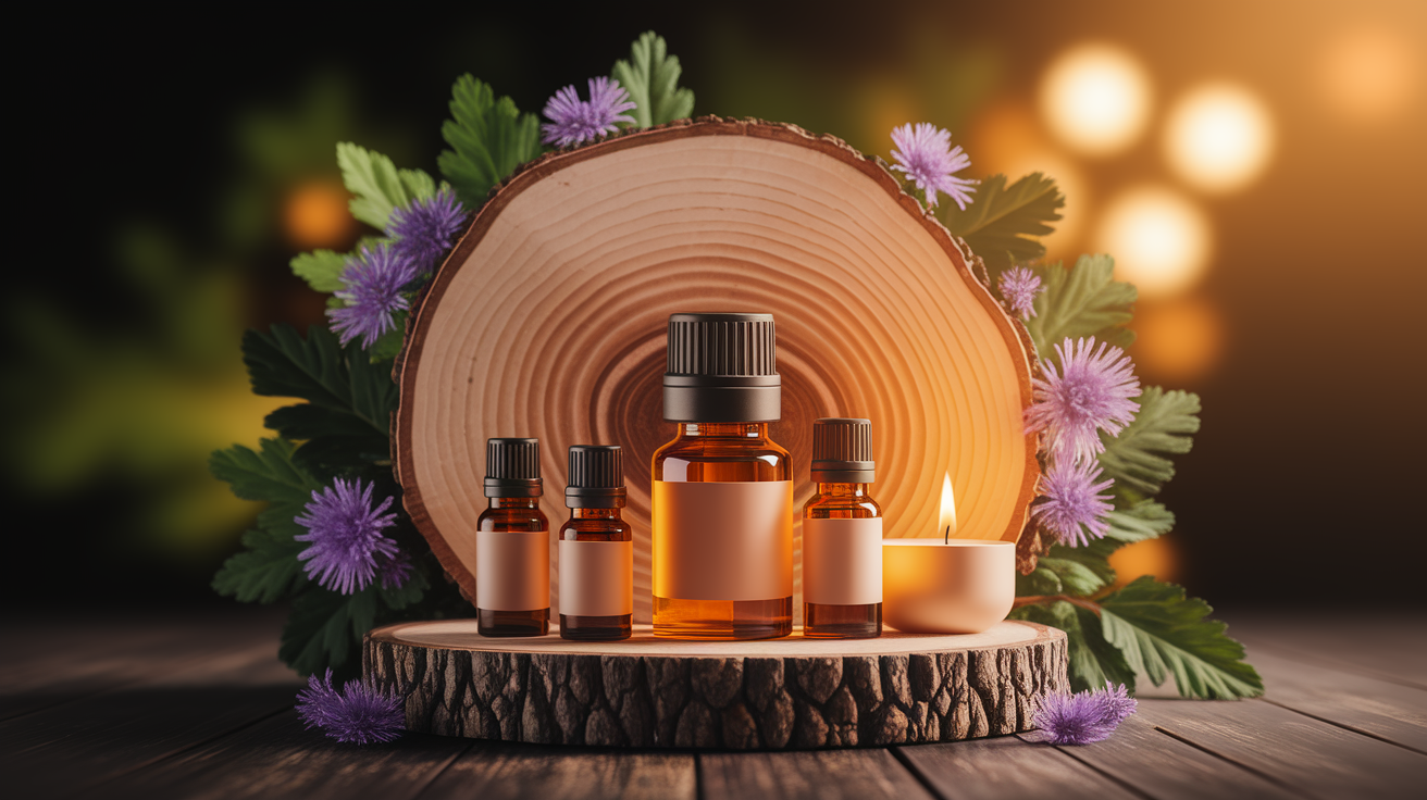 A conceptual illustration representing Safe and Effective Aromatherapy Practices. Visualize the main ideas: . Creative but clear representation of the concept. Style: Use shallow depth of field with selective focus to create a professional, intimate feel  Employ warm, natural lighting that casts a honey-golden glow on the main subjects  Position items on a rustic wooden surface, preferably a cross-section of a tree trunk with visible rings and natural texture  Incorporate vibrant green foliage and delicate purple flowers around the composition's edges  Maintain a soft, gently blurred natural background with subtle bokeh effect  Feature a harmonious color palette of amber, deep greens, and soft purples  Arrange elements at varying heights to create visual interest and natural flow  Create a clean, uncluttered composition that feels organic yet intentional  Capture fine details and textures with macro-photography techniques  Evoke a serene, botanical spa-like atmosphere that feels both premium and natural. high quality, detailed, professional, clean composition, good lighting, sharp focus, well-composed. high quality, professional, detailed, well-composed