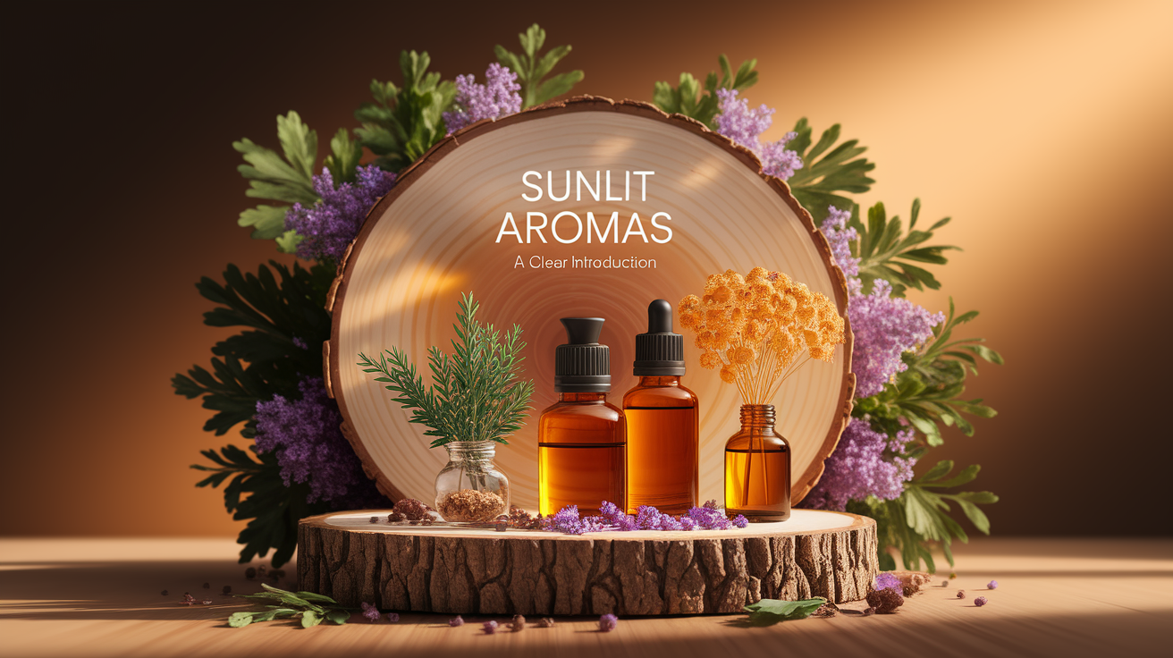 A conceptual illustration representing Sunlit Aromas: A Clear Introduction. Visualize the main ideas: . Creative but clear representation of the concept. Style: Use shallow depth of field with selective focus to create a professional, intimate feel  Employ warm, natural lighting that casts a honey-golden glow on the main subjects  Position items on a rustic wooden surface, preferably a cross-section of a tree trunk with visible rings and natural texture  Incorporate vibrant green foliage and delicate purple flowers around the composition's edges  Maintain a soft, gently blurred natural background with subtle bokeh effect  Feature a harmonious color palette of amber, deep greens, and soft purples  Arrange elements at varying heights to create visual interest and natural flow  Create a clean, uncluttered composition that feels organic yet intentional  Capture fine details and textures with macro-photography techniques  Evoke a serene, botanical spa-like atmosphere that feels both premium and natural. high quality, detailed, professional, clean composition, good lighting, sharp focus, well-composed. high quality, professional, detailed, well-composed