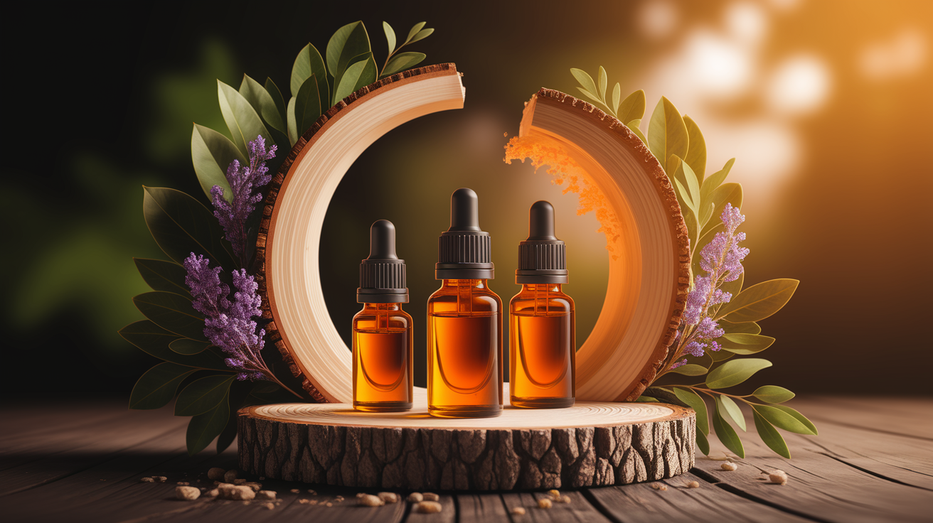 A conceptual illustration representing How Essential Oils Influence SPF. Visualize the main ideas: . Creative but clear representation of the concept. Style: Use shallow depth of field with selective focus to create a professional, intimate feel  Employ warm, natural lighting that casts a honey-golden glow on the main subjects  Position items on a rustic wooden surface, preferably a cross-section of a tree trunk with visible rings and natural texture  Incorporate vibrant green foliage and delicate purple flowers around the composition's edges  Maintain a soft, gently blurred natural background with subtle bokeh effect  Feature a harmonious color palette of amber, deep greens, and soft purples  Arrange elements at varying heights to create visual interest and natural flow  Create a clean, uncluttered composition that feels organic yet intentional  Capture fine details and textures with macro-photography techniques  Evoke a serene, botanical spa-like atmosphere that feels both premium and natural. high quality, detailed, professional, clean composition, good lighting, sharp focus, well-composed. high quality, professional, detailed, well-composed