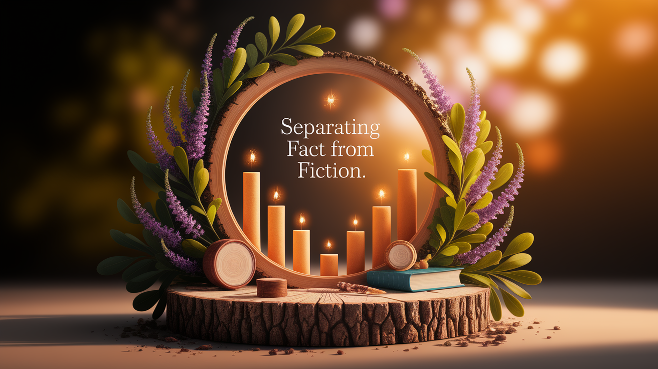 A conceptual illustration representing Separating Fact from Fiction. Visualize the main ideas: . Creative but clear representation of the concept. Style: Use shallow depth of field with selective focus to create a professional, intimate feel  Employ warm, natural lighting that casts a honey-golden glow on the main subjects  Position items on a rustic wooden surface, preferably a cross-section of a tree trunk with visible rings and natural texture  Incorporate vibrant green foliage and delicate purple flowers around the composition's edges  Maintain a soft, gently blurred natural background with subtle bokeh effect  Feature a harmonious color palette of amber, deep greens, and soft purples  Arrange elements at varying heights to create visual interest and natural flow  Create a clean, uncluttered composition that feels organic yet intentional  Capture fine details and textures with macro-photography techniques  Evoke a serene, botanical spa-like atmosphere that feels both premium and natural. high quality, detailed, professional, clean composition, good lighting, sharp focus, well-composed. high quality, professional, detailed, well-composed