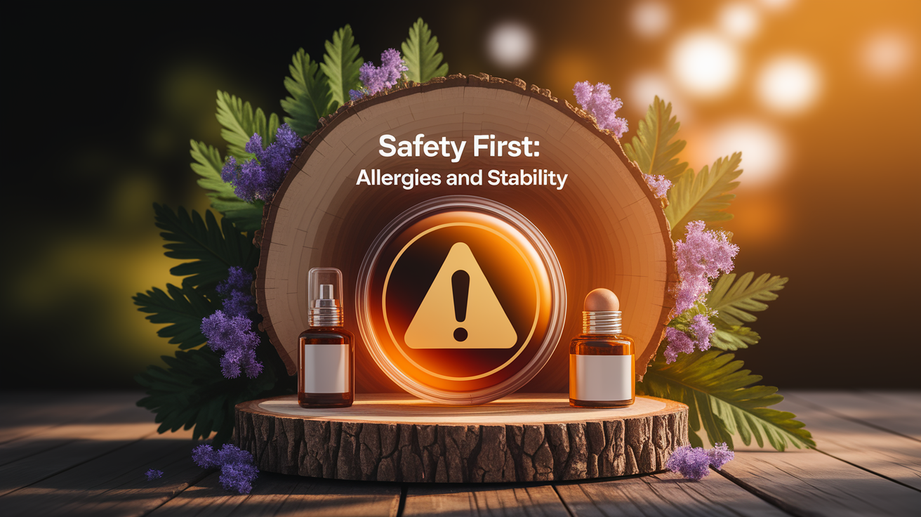 A conceptual illustration representing Safety First: Allergies and Stability. Visualize the main ideas: . Creative but clear representation of the concept. Style: Use shallow depth of field with selective focus to create a professional, intimate feel  Employ warm, natural lighting that casts a honey-golden glow on the main subjects  Position items on a rustic wooden surface, preferably a cross-section of a tree trunk with visible rings and natural texture  Incorporate vibrant green foliage and delicate purple flowers around the composition's edges  Maintain a soft, gently blurred natural background with subtle bokeh effect  Feature a harmonious color palette of amber, deep greens, and soft purples  Arrange elements at varying heights to create visual interest and natural flow  Create a clean, uncluttered composition that feels organic yet intentional  Capture fine details and textures with macro-photography techniques  Evoke a serene, botanical spa-like atmosphere that feels both premium and natural. high quality, detailed, professional, clean composition, good lighting, sharp focus, well-composed. high quality, professional, detailed, well-composed