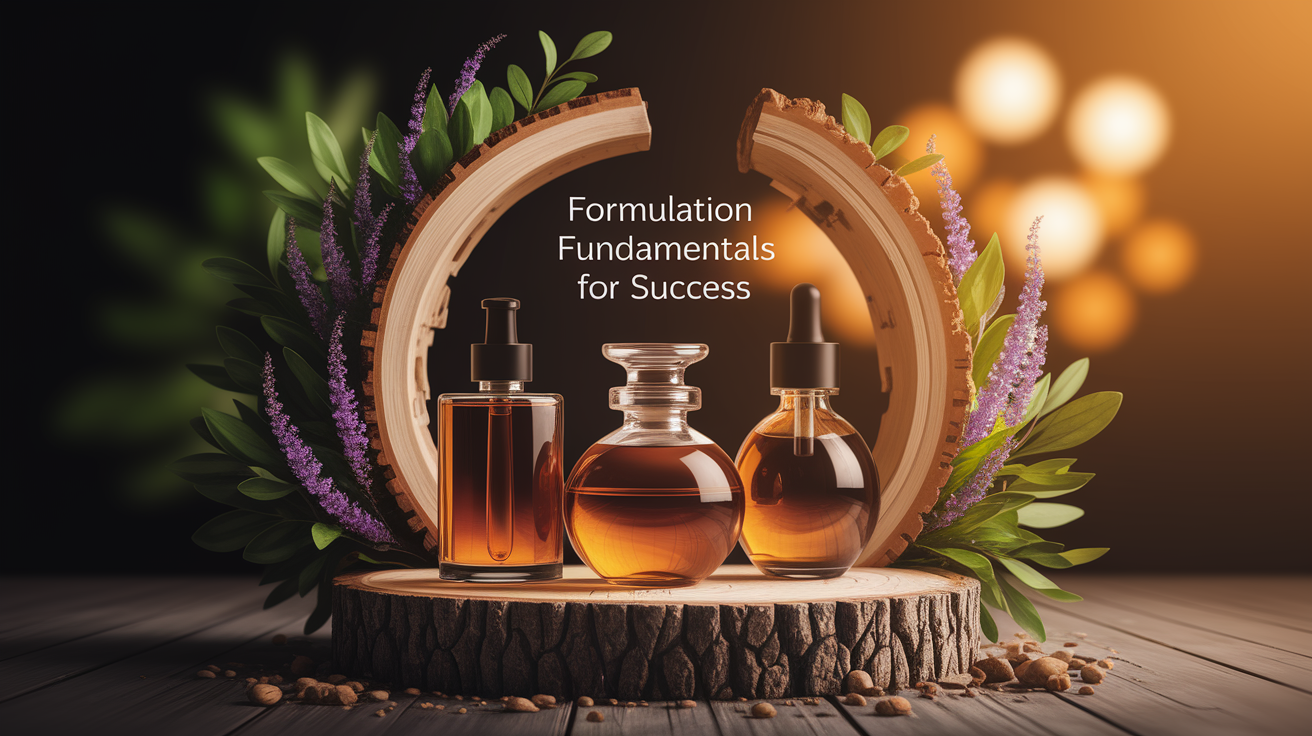 A conceptual illustration representing Formulation Fundamentals for Success. Visualize the main ideas: . Creative but clear representation of the concept. Style: Use shallow depth of field with selective focus to create a professional, intimate feel  Employ warm, natural lighting that casts a honey-golden glow on the main subjects  Position items on a rustic wooden surface, preferably a cross-section of a tree trunk with visible rings and natural texture  Incorporate vibrant green foliage and delicate purple flowers around the composition's edges  Maintain a soft, gently blurred natural background with subtle bokeh effect  Feature a harmonious color palette of amber, deep greens, and soft purples  Arrange elements at varying heights to create visual interest and natural flow  Create a clean, uncluttered composition that feels organic yet intentional  Capture fine details and textures with macro-photography techniques  Evoke a serene, botanical spa-like atmosphere that feels both premium and natural. high quality, detailed, professional, clean composition, good lighting, sharp focus, well-composed. high quality, professional, detailed, well-composed