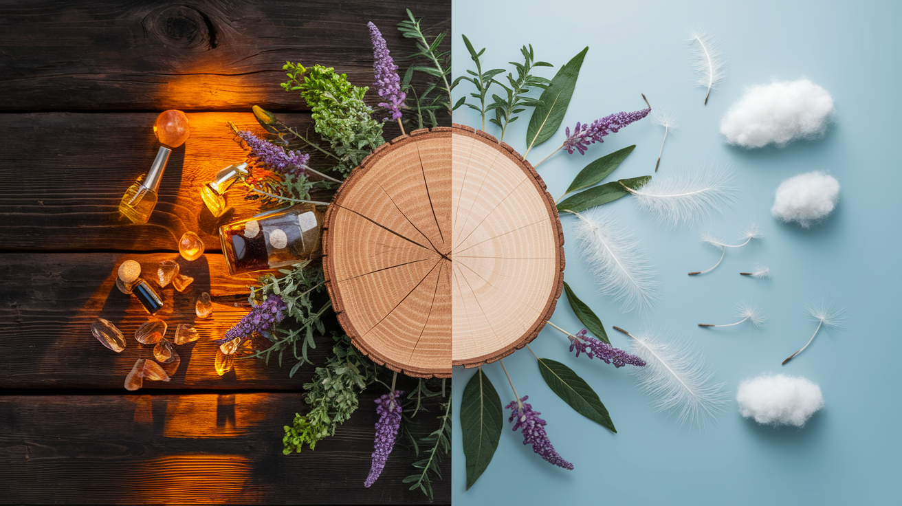 A side-by-side comparison visual for Aroma vs Air: What You Need to Know. Show contrasting elements: . Use clear visual separation, possibly with split-screen or before/after layout. Style: Use shallow depth of field with selective focus to create a professional, intimate feel  Employ warm, natural lighting that casts a honey-golden glow on the main subjects  Position items on a rustic wooden surface, preferably a cross-section of a tree trunk with visible rings and natural texture  Incorporate vibrant green foliage and delicate purple flowers around the composition's edges  Maintain a soft, gently blurred natural background with subtle bokeh effect  Feature a harmonious color palette of amber, deep greens, and soft purples  Arrange elements at varying heights to create visual interest and natural flow  Create a clean, uncluttered composition that feels organic yet intentional  Capture fine details and textures with macro-photography techniques  Evoke a serene, botanical spa-like atmosphere that feels both premium and natural. high quality, detailed, professional, clean composition, good lighting, sharp focus, well-composed. high quality, professional, detailed, well-composed