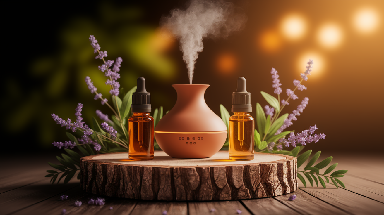 A conceptual illustration representing How Essential Oils Interact with Indoor Air. Visualize the main ideas: . Creative but clear representation of the concept. Style: Use shallow depth of field with selective focus to create a professional, intimate feel  Employ warm, natural lighting that casts a honey-golden glow on the main subjects  Position items on a rustic wooden surface, preferably a cross-section of a tree trunk with visible rings and natural texture  Incorporate vibrant green foliage and delicate purple flowers around the composition's edges  Maintain a soft, gently blurred natural background with subtle bokeh effect  Feature a harmonious color palette of amber, deep greens, and soft purples  Arrange elements at varying heights to create visual interest and natural flow  Create a clean, uncluttered composition that feels organic yet intentional  Capture fine details and textures with macro-photography techniques  Evoke a serene, botanical spa-like atmosphere that feels both premium and natural. high quality, detailed, professional, clean composition, good lighting, sharp focus, well-composed. high quality, professional, detailed, well-composed