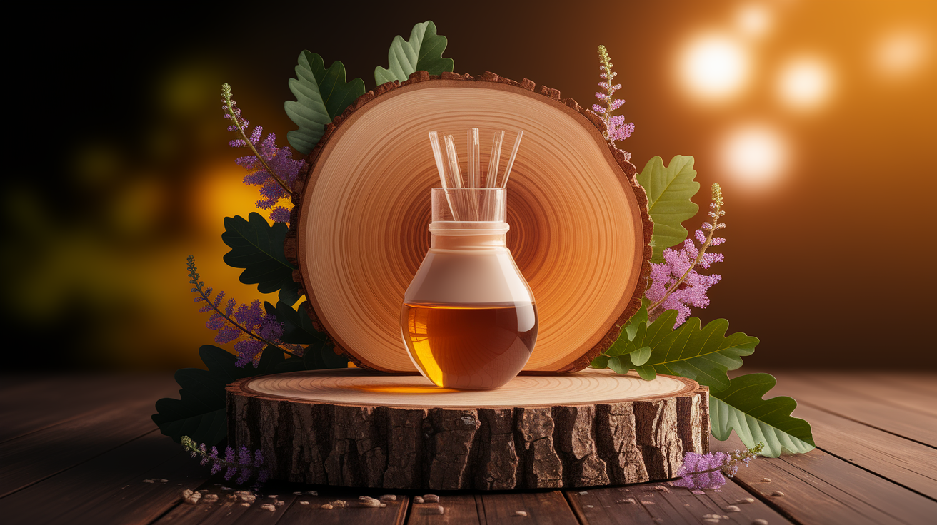 A conceptual illustration representing VOC Emissions: The Hidden Chemicals. Visualize the main ideas: . Creative but clear representation of the concept. Style: Use shallow depth of field with selective focus to create a professional, intimate feel  Employ warm, natural lighting that casts a honey-golden glow on the main subjects  Position items on a rustic wooden surface, preferably a cross-section of a tree trunk with visible rings and natural texture  Incorporate vibrant green foliage and delicate purple flowers around the composition's edges  Maintain a soft, gently blurred natural background with subtle bokeh effect  Feature a harmonious color palette of amber, deep greens, and soft purples  Arrange elements at varying heights to create visual interest and natural flow  Create a clean, uncluttered composition that feels organic yet intentional  Capture fine details and textures with macro-photography techniques  Evoke a serene, botanical spa-like atmosphere that feels both premium and natural. high quality, detailed, professional, clean composition, good lighting, sharp focus, well-composed. high quality, professional, detailed, well-composed