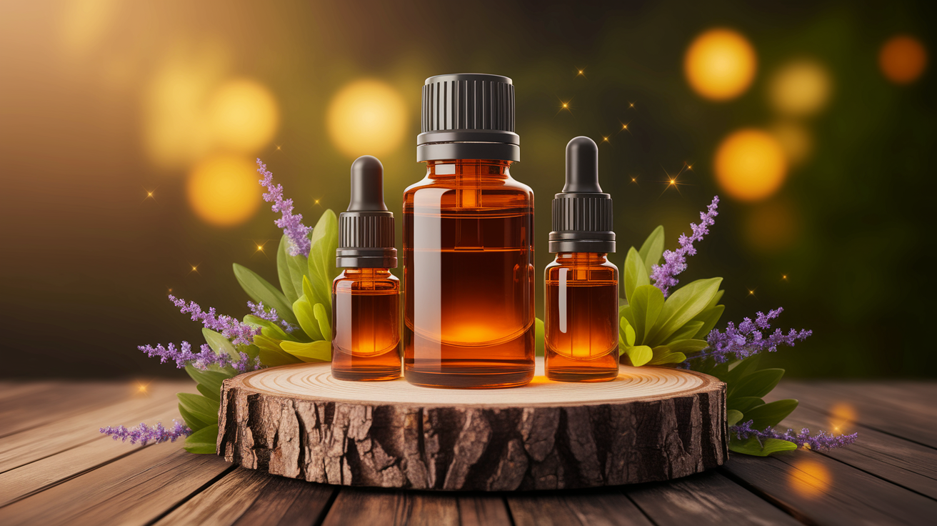 A conceptual illustration representing Health Impacts of Essential Oil VOCs. Visualize the main ideas: . Creative but clear representation of the concept. Style: Use shallow depth of field with selective focus to create a professional, intimate feel  Employ warm, natural lighting that casts a honey-golden glow on the main subjects  Position items on a rustic wooden surface, preferably a cross-section of a tree trunk with visible rings and natural texture  Incorporate vibrant green foliage and delicate purple flowers around the composition's edges  Maintain a soft, gently blurred natural background with subtle bokeh effect  Feature a harmonious color palette of amber, deep greens, and soft purples  Arrange elements at varying heights to create visual interest and natural flow  Create a clean, uncluttered composition that feels organic yet intentional  Capture fine details and textures with macro-photography techniques  Evoke a serene, botanical spa-like atmosphere that feels both premium and natural. high quality, detailed, professional, clean composition, good lighting, sharp focus, well-composed. high quality, professional, detailed, well-composed
