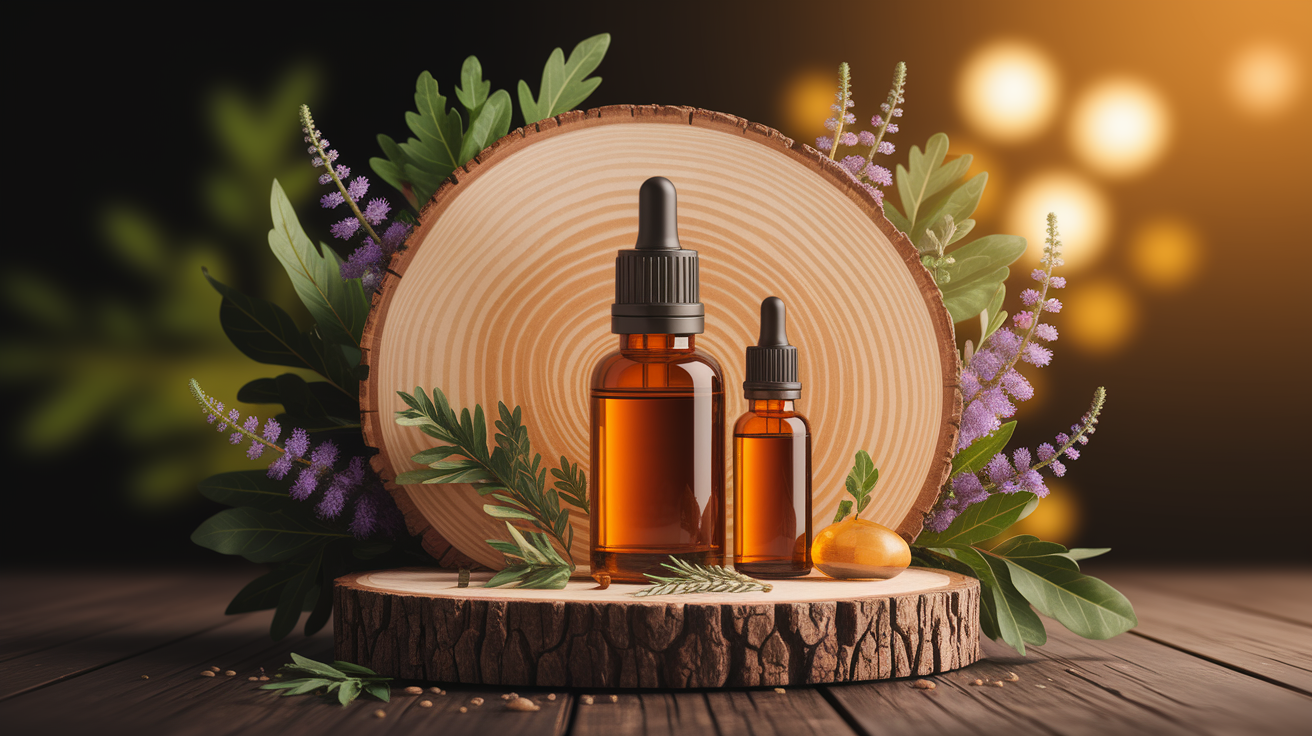 A conceptual illustration representing Mitigation Strategies for Safe Aromatherapy. Visualize the main ideas: . Creative but clear representation of the concept. Style: Use shallow depth of field with selective focus to create a professional, intimate feel  Employ warm, natural lighting that casts a honey-golden glow on the main subjects  Position items on a rustic wooden surface, preferably a cross-section of a tree trunk with visible rings and natural texture  Incorporate vibrant green foliage and delicate purple flowers around the composition's edges  Maintain a soft, gently blurred natural background with subtle bokeh effect  Feature a harmonious color palette of amber, deep greens, and soft purples  Arrange elements at varying heights to create visual interest and natural flow  Create a clean, uncluttered composition that feels organic yet intentional  Capture fine details and textures with macro-photography techniques  Evoke a serene, botanical spa-like atmosphere that feels both premium and natural. high quality, detailed, professional, clean composition, good lighting, sharp focus, well-composed. high quality, professional, detailed, well-composed