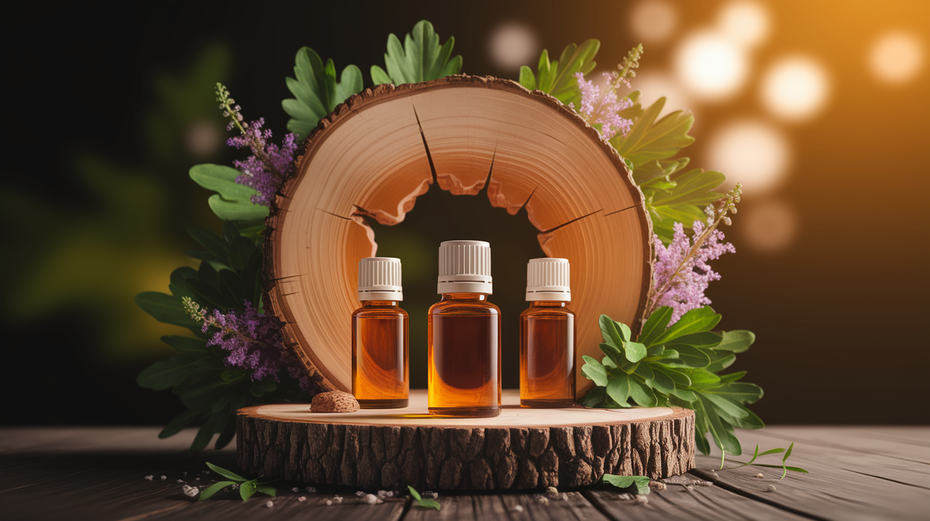 A conceptual illustration representing Fresh Beginnings: Essential Oils in Oral Care. Visualize the main ideas: . Creative but clear representation of the concept. Style: Use shallow depth of field with selective focus to create a professional, intimate feel  Employ warm, natural lighting that casts a honey-golden glow on the main subjects  Position items on a rustic wooden surface, preferably a cross-section of a tree trunk with visible rings and natural texture  Incorporate vibrant green foliage and delicate purple flowers around the composition's edges  Maintain a soft, gently blurred natural background with subtle bokeh effect  Feature a harmonious color palette of amber, deep greens, and soft purples  Arrange elements at varying heights to create visual interest and natural flow  Create a clean, uncluttered composition that feels organic yet intentional  Capture fine details and textures with macro-photography techniques  Evoke a serene, botanical spa-like atmosphere that feels both premium and natural. high quality, detailed, professional, clean composition, good lighting, sharp focus, well-composed. high quality, professional, detailed, well-composed