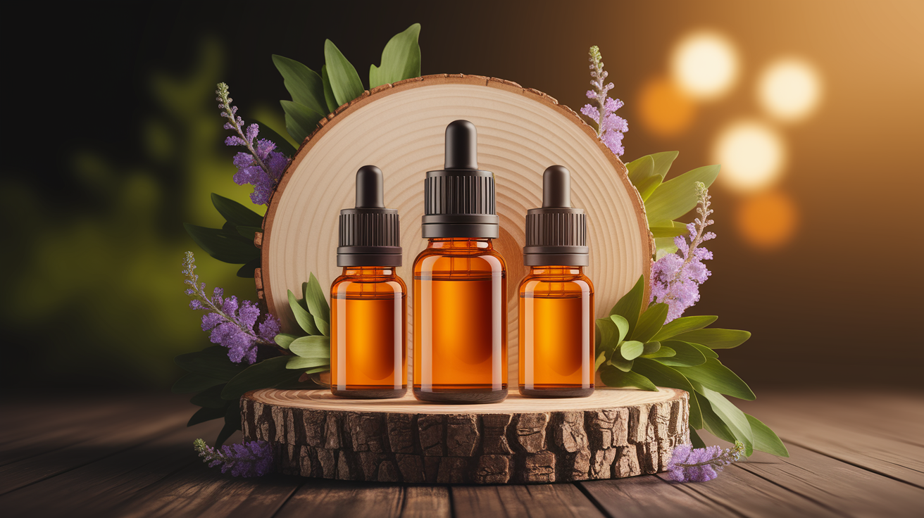 A conceptual illustration representing Key Essential Oils and Their Oral Benefits. Visualize the main ideas: . Creative but clear representation of the concept. Style: Use shallow depth of field with selective focus to create a professional, intimate feel  Employ warm, natural lighting that casts a honey-golden glow on the main subjects  Position items on a rustic wooden surface, preferably a cross-section of a tree trunk with visible rings and natural texture  Incorporate vibrant green foliage and delicate purple flowers around the composition's edges  Maintain a soft, gently blurred natural background with subtle bokeh effect  Feature a harmonious color palette of amber, deep greens, and soft purples  Arrange elements at varying heights to create visual interest and natural flow  Create a clean, uncluttered composition that feels organic yet intentional  Capture fine details and textures with macro-photography techniques  Evoke a serene, botanical spa-like atmosphere that feels both premium and natural. high quality, detailed, professional, clean composition, good lighting, sharp focus, well-composed. high quality, professional, detailed, well-composed