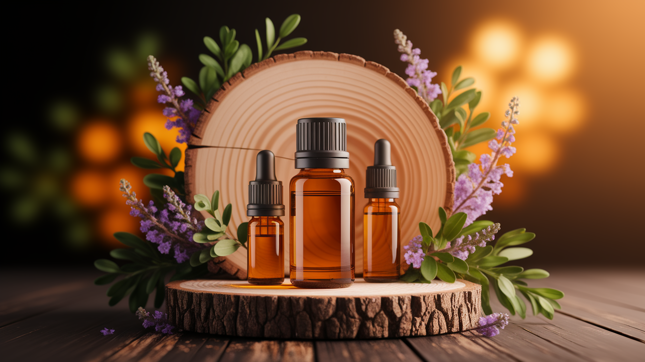 A conceptual illustration representing How Essential Oils Work: Mechanisms of Action. Visualize the main ideas: . Creative but clear representation of the concept. Style: Use shallow depth of field with selective focus to create a professional, intimate feel  Employ warm, natural lighting that casts a honey-golden glow on the main subjects  Position items on a rustic wooden surface, preferably a cross-section of a tree trunk with visible rings and natural texture  Incorporate vibrant green foliage and delicate purple flowers around the composition's edges  Maintain a soft, gently blurred natural background with subtle bokeh effect  Feature a harmonious color palette of amber, deep greens, and soft purples  Arrange elements at varying heights to create visual interest and natural flow  Create a clean, uncluttered composition that feels organic yet intentional  Capture fine details and textures with macro-photography techniques  Evoke a serene, botanical spa-like atmosphere that feels both premium and natural. high quality, detailed, professional, clean composition, good lighting, sharp focus, well-composed. high quality, professional, detailed, well-composed