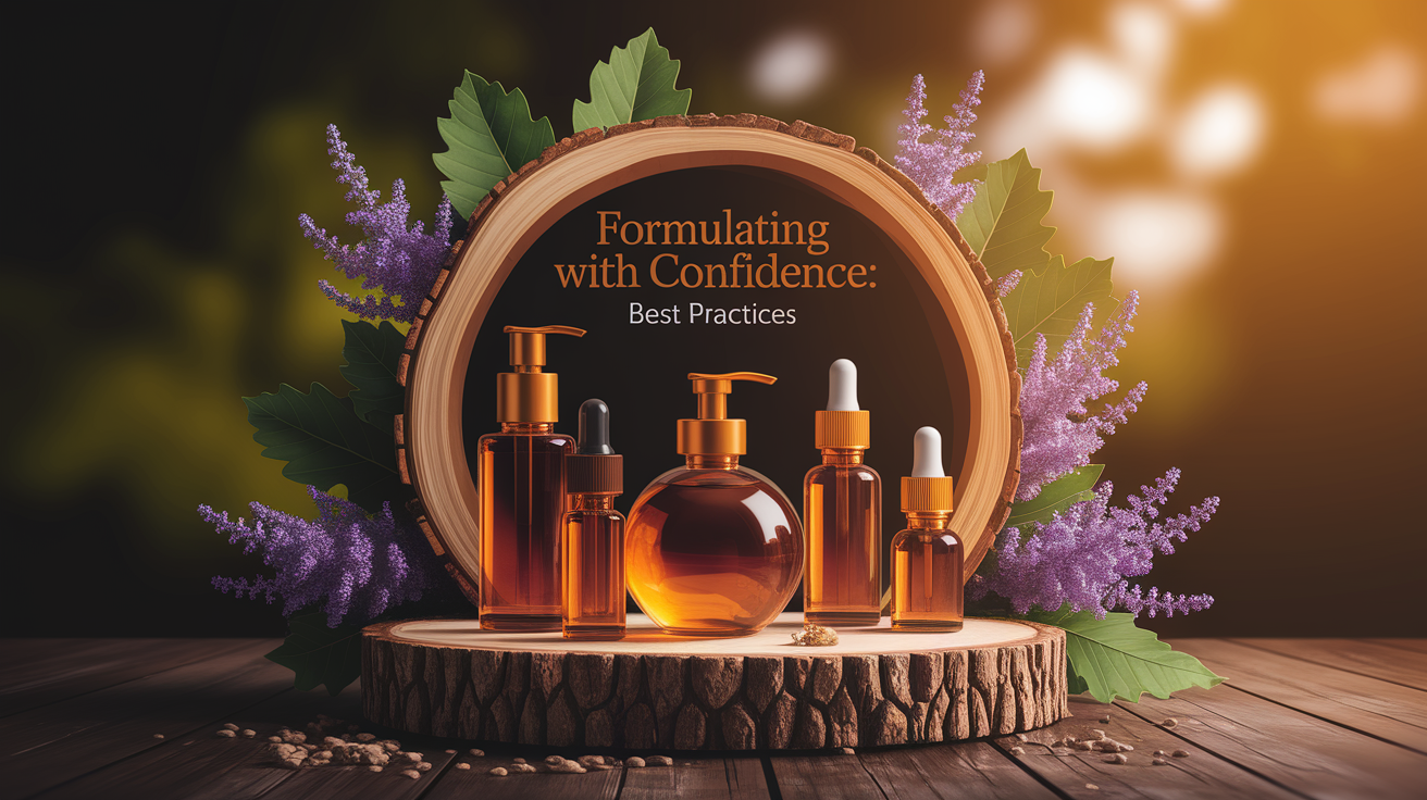 A conceptual illustration representing Formulating with Confidence: Best Practices. Visualize the main ideas: . Creative but clear representation of the concept. Style: Use shallow depth of field with selective focus to create a professional, intimate feel  Employ warm, natural lighting that casts a honey-golden glow on the main subjects  Position items on a rustic wooden surface, preferably a cross-section of a tree trunk with visible rings and natural texture  Incorporate vibrant green foliage and delicate purple flowers around the composition's edges  Maintain a soft, gently blurred natural background with subtle bokeh effect  Feature a harmonious color palette of amber, deep greens, and soft purples  Arrange elements at varying heights to create visual interest and natural flow  Create a clean, uncluttered composition that feels organic yet intentional  Capture fine details and textures with macro-photography techniques  Evoke a serene, botanical spa-like atmosphere that feels both premium and natural. high quality, detailed, professional, clean composition, good lighting, sharp focus, well-composed. high quality, professional, detailed, well-composed