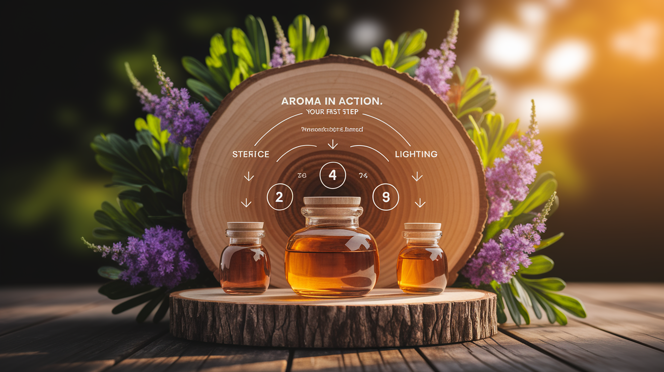 A clear, step-by-step visual illustration showing Aroma in Actionâ€Šâ€”â€ŠYour First Step. Focus on . Include visual elements like arrows, numbered steps, or sequential flow. Professional and instructional style. Style: Use shallow depth of field with selective focus to create a professional, intimate feel  Employ warm, natural lighting that casts a honey-golden glow on the main subjects  Position items on a rustic wooden surface, preferably a cross-section of a tree trunk with visible rings and natural texture  Incorporate vibrant green foliage and delicate purple flowers around the composition's edges  Maintain a soft, gently blurred natural background with subtle bokeh effect  Feature a harmonious color palette of amber, deep greens, and soft purples  Arrange elements at varying heights to create visual interest and natural flow  Create a clean, uncluttered composition that feels organic yet intentional  Capture fine details and textures with macro-photography techniques  Evoke a serene, botanical spa-like atmosphere that feels both premium and natural. high quality, detailed, professional, clean composition, good lighting, sharp focus, well-composed. high quality, professional, detailed, well-composed