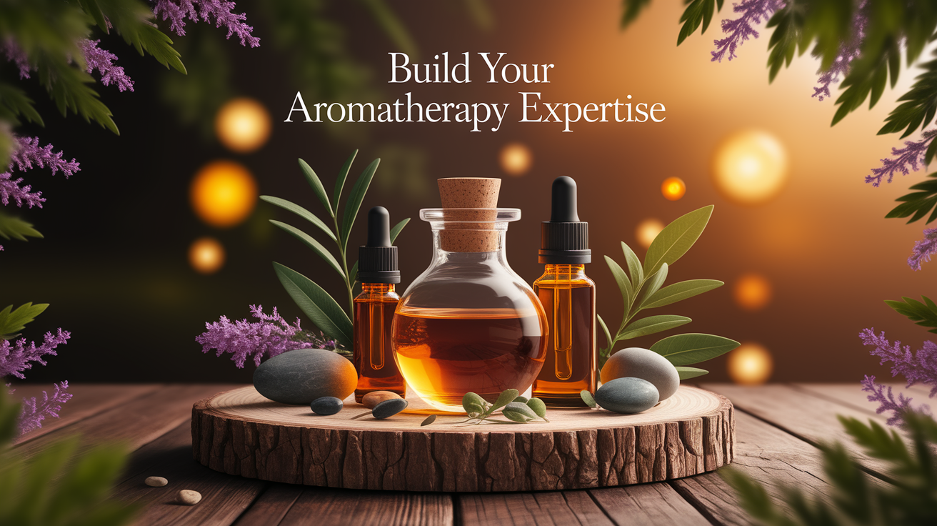 A conceptual illustration representing Build Your Aromatherapy Expertise. Visualize the main ideas: . Creative but clear representation of the concept. Style: Use shallow depth of field with selective focus to create a professional, intimate feel  Employ warm, natural lighting that casts a honey-golden glow on the main subjects  Position items on a rustic wooden surface, preferably a cross-section of a tree trunk with visible rings and natural texture  Incorporate vibrant green foliage and delicate purple flowers around the composition's edges  Maintain a soft, gently blurred natural background with subtle bokeh effect  Feature a harmonious color palette of amber, deep greens, and soft purples  Arrange elements at varying heights to create visual interest and natural flow  Create a clean, uncluttered composition that feels organic yet intentional  Capture fine details and textures with macro-photography techniques  Evoke a serene, botanical spa-like atmosphere that feels both premium and natural. high quality, detailed, professional, clean composition, good lighting, sharp focus, well-composed. high quality, professional, detailed, well-composed