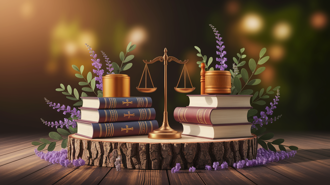 A conceptual illustration representing Legal Foundations and Business Structure. Visualize the main ideas: . Creative but clear representation of the concept. Style: Use shallow depth of field with selective focus to create a professional, intimate feel  Employ warm, natural lighting that casts a honey-golden glow on the main subjects  Position items on a rustic wooden surface, preferably a cross-section of a tree trunk with visible rings and natural texture  Incorporate vibrant green foliage and delicate purple flowers around the composition's edges  Maintain a soft, gently blurred natural background with subtle bokeh effect  Feature a harmonious color palette of amber, deep greens, and soft purples  Arrange elements at varying heights to create visual interest and natural flow  Create a clean, uncluttered composition that feels organic yet intentional  Capture fine details and textures with macro-photography techniques  Evoke a serene, botanical spa-like atmosphere that feels both premium and natural. high quality, detailed, professional, clean composition, good lighting, sharp focus, well-composed. high quality, professional, detailed, well-composed