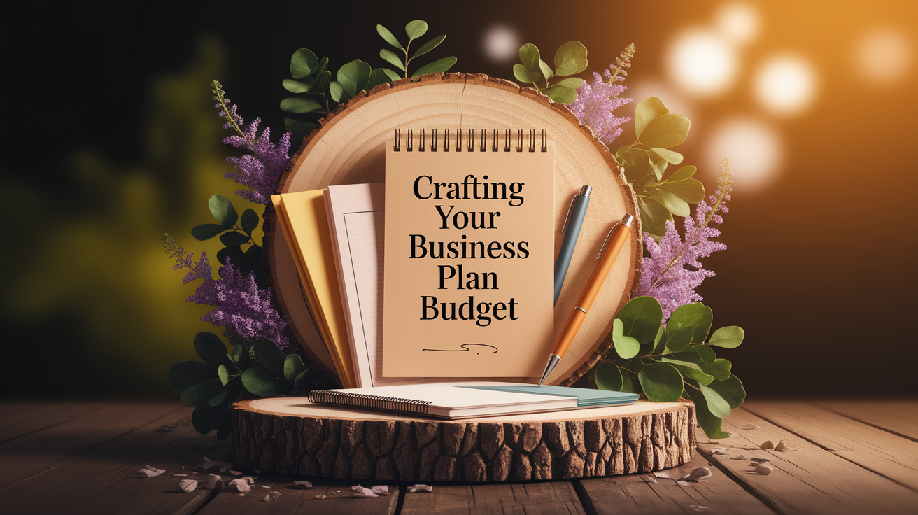 A conceptual illustration representing Crafting Your Business Plan and Budget. Visualize the main ideas: . Creative but clear representation of the concept. Style: Use shallow depth of field with selective focus to create a professional, intimate feel  Employ warm, natural lighting that casts a honey-golden glow on the main subjects  Position items on a rustic wooden surface, preferably a cross-section of a tree trunk with visible rings and natural texture  Incorporate vibrant green foliage and delicate purple flowers around the composition's edges  Maintain a soft, gently blurred natural background with subtle bokeh effect  Feature a harmonious color palette of amber, deep greens, and soft purples  Arrange elements at varying heights to create visual interest and natural flow  Create a clean, uncluttered composition that feels organic yet intentional  Capture fine details and textures with macro-photography techniques  Evoke a serene, botanical spa-like atmosphere that feels both premium and natural. high quality, detailed, professional, clean composition, good lighting, sharp focus, well-composed. high quality, professional, detailed, well-composed