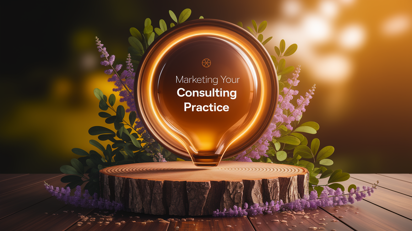 A conceptual illustration representing Marketing Your Consulting Practice. Visualize the main ideas: . Creative but clear representation of the concept. Style: Use shallow depth of field with selective focus to create a professional, intimate feel  Employ warm, natural lighting that casts a honey-golden glow on the main subjects  Position items on a rustic wooden surface, preferably a cross-section of a tree trunk with visible rings and natural texture  Incorporate vibrant green foliage and delicate purple flowers around the composition's edges  Maintain a soft, gently blurred natural background with subtle bokeh effect  Feature a harmonious color palette of amber, deep greens, and soft purples  Arrange elements at varying heights to create visual interest and natural flow  Create a clean, uncluttered composition that feels organic yet intentional  Capture fine details and textures with macro-photography techniques  Evoke a serene, botanical spa-like atmosphere that feels both premium and natural. high quality, detailed, professional, clean composition, good lighting, sharp focus, well-composed. high quality, professional, detailed, well-composed