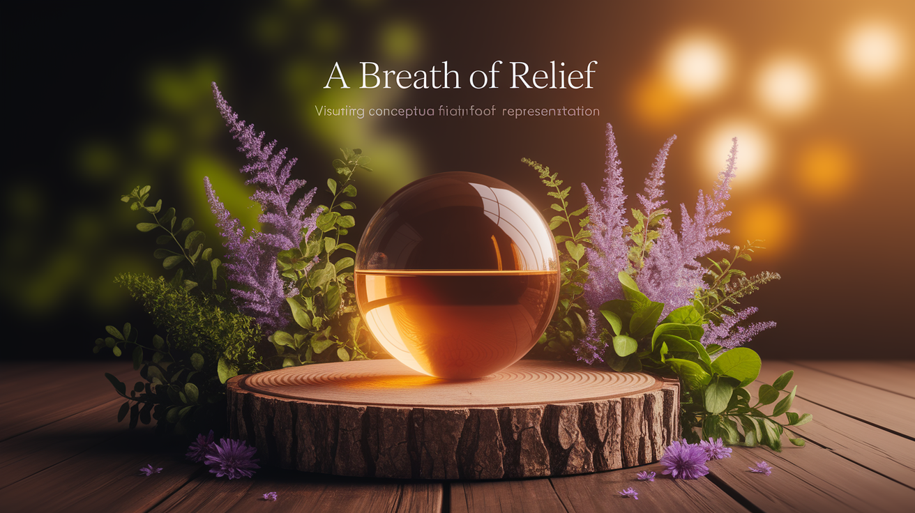 A conceptual illustration representing Introduction: A Breath of Relief. Visualize the main ideas: . Creative but clear representation of the concept. Style: Use shallow depth of field with selective focus to create a professional, intimate feel  Employ warm, natural lighting that casts a honey-golden glow on the main subjects  Position items on a rustic wooden surface, preferably a cross-section of a tree trunk with visible rings and natural texture  Incorporate vibrant green foliage and delicate purple flowers around the composition's edges  Maintain a soft, gently blurred natural background with subtle bokeh effect  Feature a harmonious color palette of amber, deep greens, and soft purples  Arrange elements at varying heights to create visual interest and natural flow  Create a clean, uncluttered composition that feels organic yet intentional  Capture fine details and textures with macro-photography techniques  Evoke a serene, botanical spa-like atmosphere that feels both premium and natural. high quality, detailed, professional, clean composition, good lighting, sharp focus, well-composed. high quality, professional, detailed, well-composed