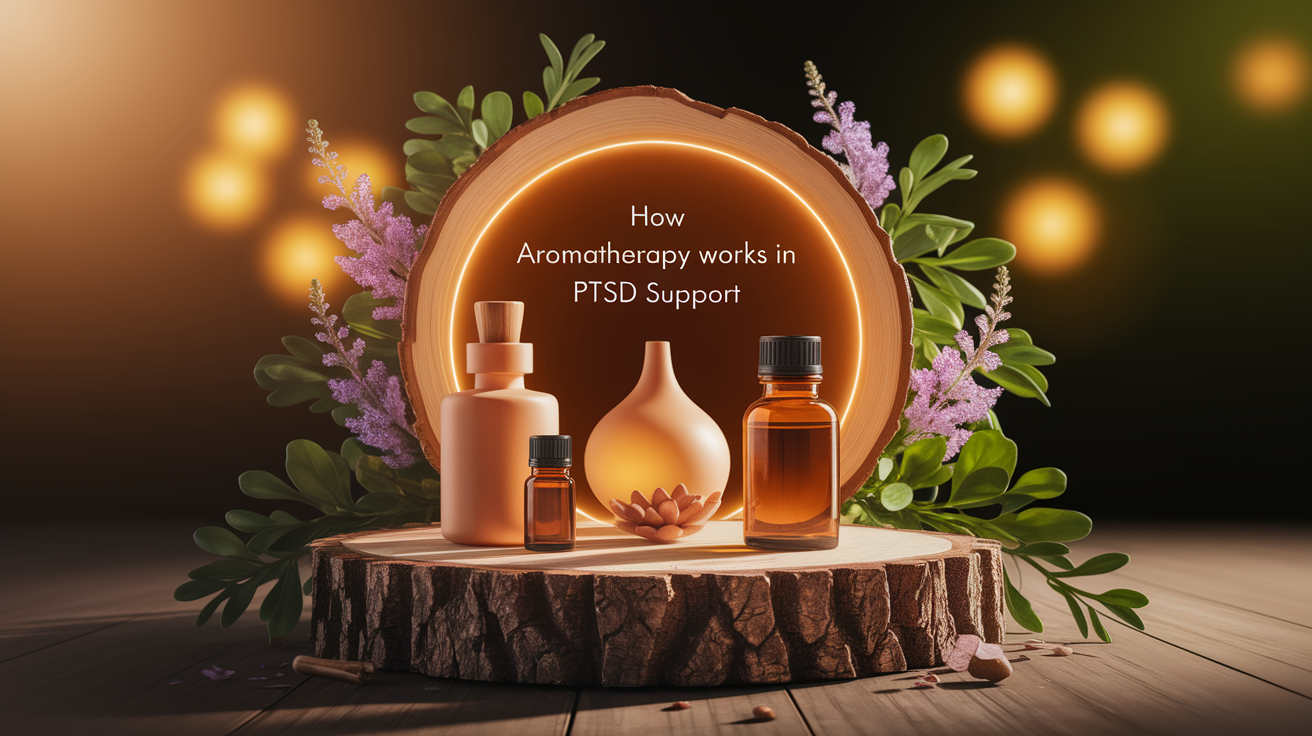 A conceptual illustration representing How Aromatherapy Works in PTSD Support. Visualize the main ideas: . Creative but clear representation of the concept. Style: Use shallow depth of field with selective focus to create a professional, intimate feel  Employ warm, natural lighting that casts a honey-golden glow on the main subjects  Position items on a rustic wooden surface, preferably a cross-section of a tree trunk with visible rings and natural texture  Incorporate vibrant green foliage and delicate purple flowers around the composition's edges  Maintain a soft, gently blurred natural background with subtle bokeh effect  Feature a harmonious color palette of amber, deep greens, and soft purples  Arrange elements at varying heights to create visual interest and natural flow  Create a clean, uncluttered composition that feels organic yet intentional  Capture fine details and textures with macro-photography techniques  Evoke a serene, botanical spa-like atmosphere that feels both premium and natural. high quality, detailed, professional, clean composition, good lighting, sharp focus, well-composed. high quality, professional, detailed, well-composed