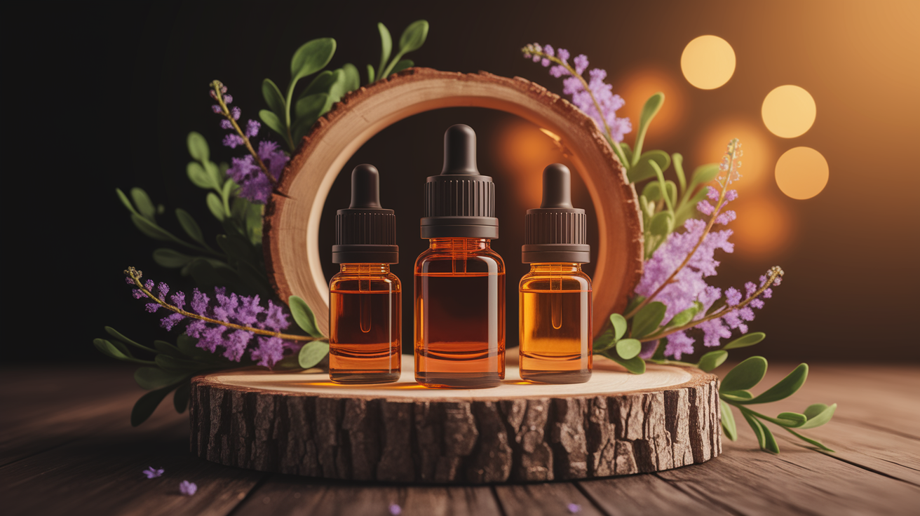 A conceptual illustration representing Top Essential Oils for PTSD Relief. Visualize the main ideas: . Creative but clear representation of the concept. Style: Use shallow depth of field with selective focus to create a professional, intimate feel  Employ warm, natural lighting that casts a honey-golden glow on the main subjects  Position items on a rustic wooden surface, preferably a cross-section of a tree trunk with visible rings and natural texture  Incorporate vibrant green foliage and delicate purple flowers around the composition's edges  Maintain a soft, gently blurred natural background with subtle bokeh effect  Feature a harmonious color palette of amber, deep greens, and soft purples  Arrange elements at varying heights to create visual interest and natural flow  Create a clean, uncluttered composition that feels organic yet intentional  Capture fine details and textures with macro-photography techniques  Evoke a serene, botanical spa-like atmosphere that feels both premium and natural. high quality, detailed, professional, clean composition, good lighting, sharp focus, well-composed. high quality, professional, detailed, well-composed