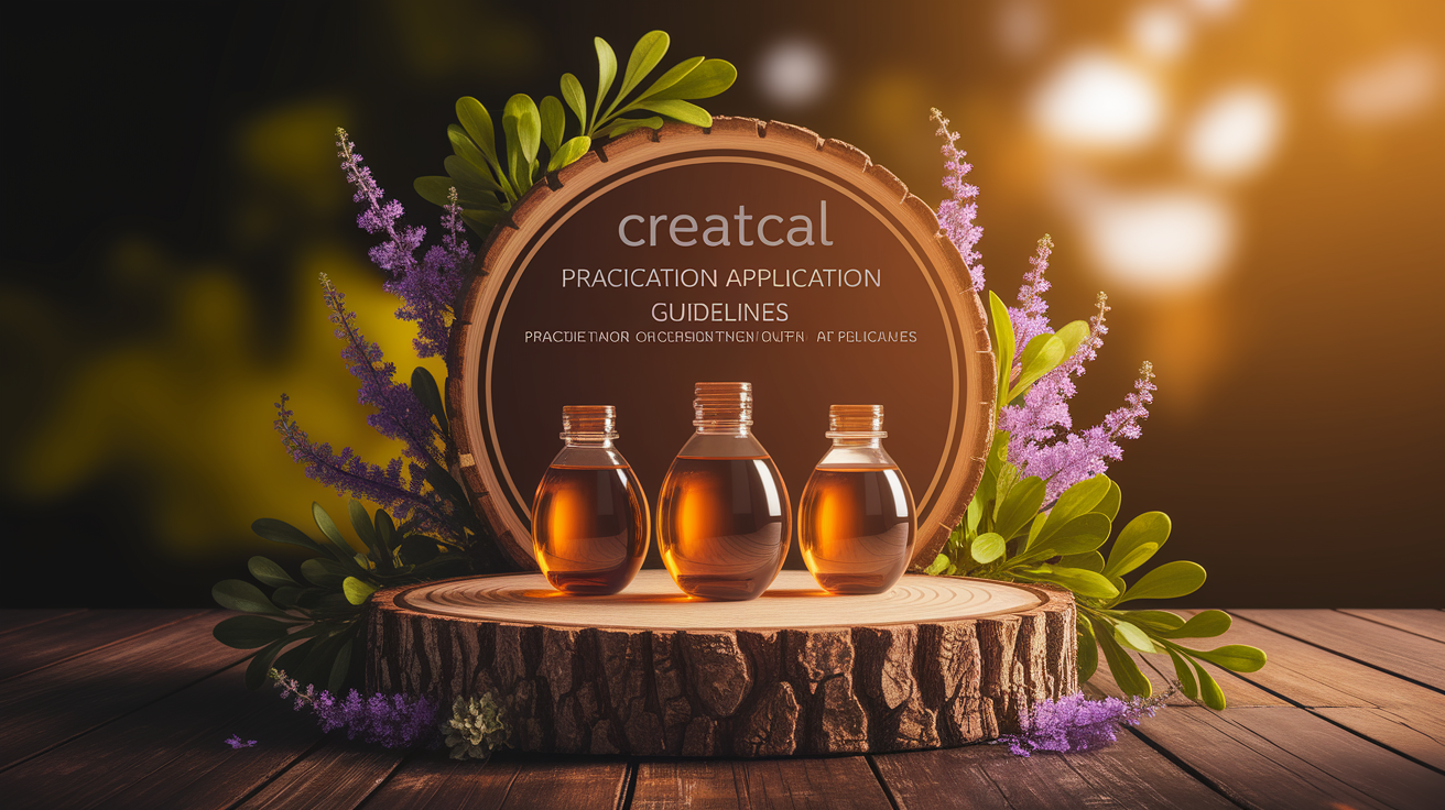 A conceptual illustration representing Practical Application Guidelines. Visualize the main ideas: . Creative but clear representation of the concept. Style: Use shallow depth of field with selective focus to create a professional, intimate feel  Employ warm, natural lighting that casts a honey-golden glow on the main subjects  Position items on a rustic wooden surface, preferably a cross-section of a tree trunk with visible rings and natural texture  Incorporate vibrant green foliage and delicate purple flowers around the composition's edges  Maintain a soft, gently blurred natural background with subtle bokeh effect  Feature a harmonious color palette of amber, deep greens, and soft purples  Arrange elements at varying heights to create visual interest and natural flow  Create a clean, uncluttered composition that feels organic yet intentional  Capture fine details and textures with macro-photography techniques  Evoke a serene, botanical spa-like atmosphere that feels both premium and natural. high quality, detailed, professional, clean composition, good lighting, sharp focus, well-composed. high quality, professional, detailed, well-composed