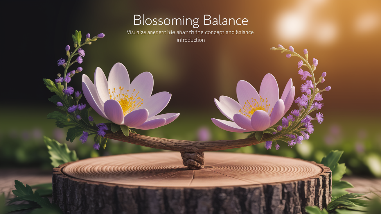 A conceptual illustration representing Blossoming Balance â€“ Introduction. Visualize the main ideas: . Creative but clear representation of the concept. Style: Use shallow depth of field with selective focus to create a professional, intimate feel  Employ warm, natural lighting that casts a honey-golden glow on the main subjects  Position items on a rustic wooden surface, preferably a cross-section of a tree trunk with visible rings and natural texture  Incorporate vibrant green foliage and delicate purple flowers around the composition's edges  Maintain a soft, gently blurred natural background with subtle bokeh effect  Feature a harmonious color palette of amber, deep greens, and soft purples  Arrange elements at varying heights to create visual interest and natural flow  Create a clean, uncluttered composition that feels organic yet intentional  Capture fine details and textures with macro-photography techniques  Evoke a serene, botanical spa-like atmosphere that feels both premium and natural. high quality, detailed, professional, clean composition, good lighting, sharp focus, well-composed. high quality, professional, detailed, well-composed