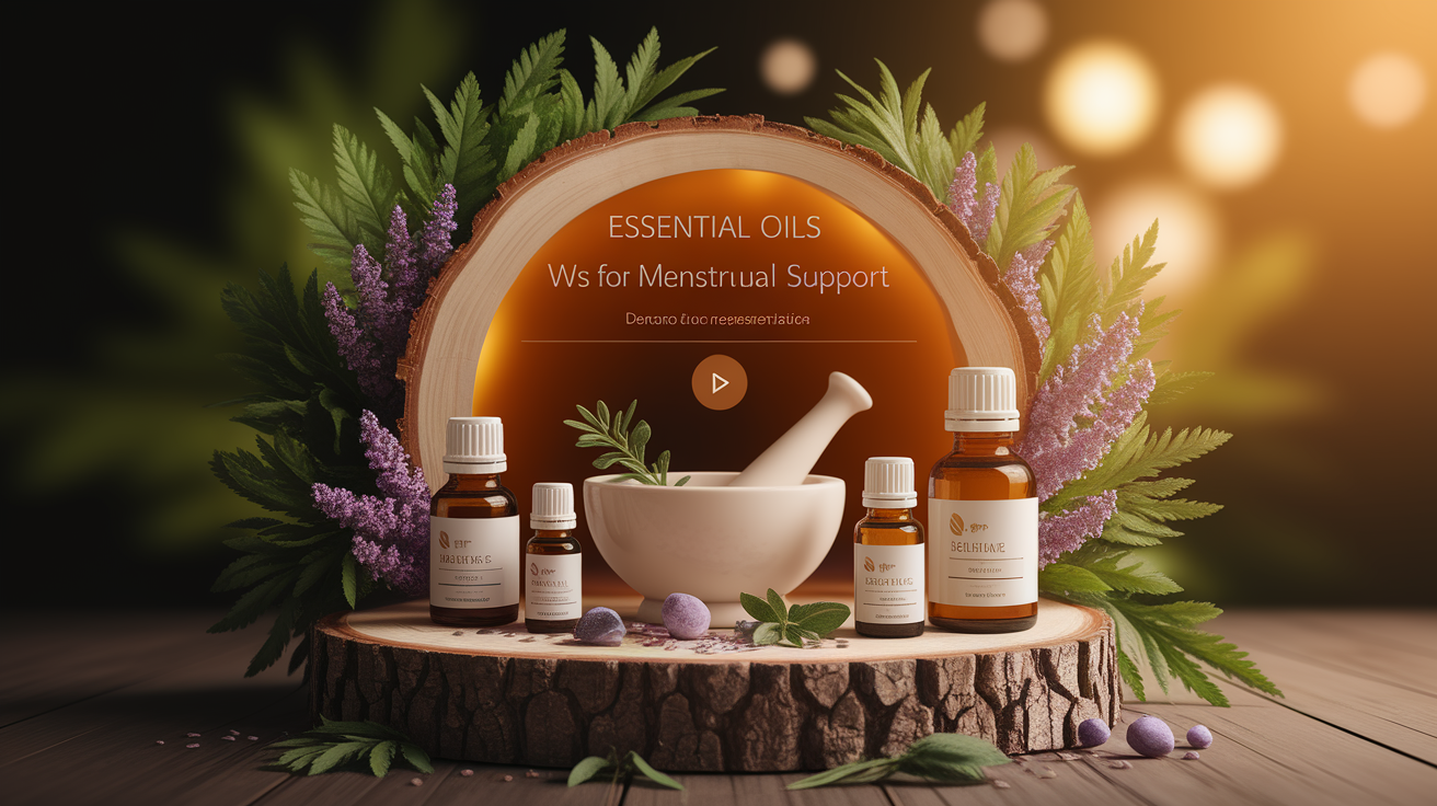 A conceptual illustration representing How Essential Oils Work for PMS and Menstrual Support. Visualize the main ideas: . Creative but clear representation of the concept. Style: Use shallow depth of field with selective focus to create a professional, intimate feel  Employ warm, natural lighting that casts a honey-golden glow on the main subjects  Position items on a rustic wooden surface, preferably a cross-section of a tree trunk with visible rings and natural texture  Incorporate vibrant green foliage and delicate purple flowers around the composition's edges  Maintain a soft, gently blurred natural background with subtle bokeh effect  Feature a harmonious color palette of amber, deep greens, and soft purples  Arrange elements at varying heights to create visual interest and natural flow  Create a clean, uncluttered composition that feels organic yet intentional  Capture fine details and textures with macro-photography techniques  Evoke a serene, botanical spa-like atmosphere that feels both premium and natural. high quality, detailed, professional, clean composition, good lighting, sharp focus, well-composed. high quality, professional, detailed, well-composed