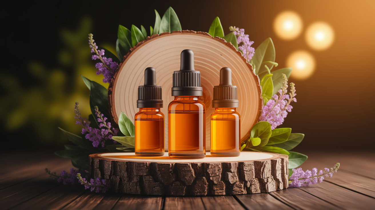 A conceptual illustration representing Top Essential Oils to Soothe PMS Symptoms. Visualize the main ideas: . Creative but clear representation of the concept. Style: Use shallow depth of field with selective focus to create a professional, intimate feel  Employ warm, natural lighting that casts a honey-golden glow on the main subjects  Position items on a rustic wooden surface, preferably a cross-section of a tree trunk with visible rings and natural texture  Incorporate vibrant green foliage and delicate purple flowers around the composition's edges  Maintain a soft, gently blurred natural background with subtle bokeh effect  Feature a harmonious color palette of amber, deep greens, and soft purples  Arrange elements at varying heights to create visual interest and natural flow  Create a clean, uncluttered composition that feels organic yet intentional  Capture fine details and textures with macro-photography techniques  Evoke a serene, botanical spa-like atmosphere that feels both premium and natural. high quality, detailed, professional, clean composition, good lighting, sharp focus, well-composed. high quality, professional, detailed, well-composed