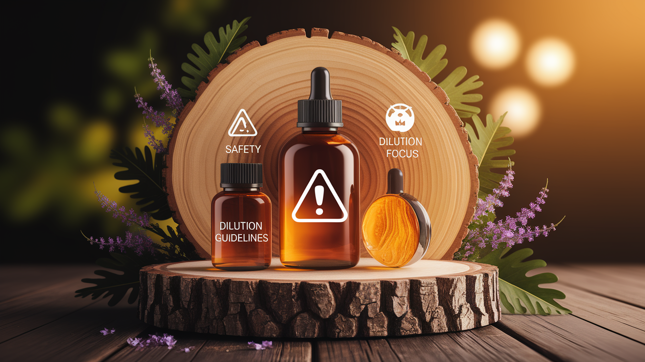 A conceptual illustration representing Safety, Dilution, and Usage Guidelines. Visualize the main ideas: . Creative but clear representation of the concept. Style: Use shallow depth of field with selective focus to create a professional, intimate feel  Employ warm, natural lighting that casts a honey-golden glow on the main subjects  Position items on a rustic wooden surface, preferably a cross-section of a tree trunk with visible rings and natural texture  Incorporate vibrant green foliage and delicate purple flowers around the composition's edges  Maintain a soft, gently blurred natural background with subtle bokeh effect  Feature a harmonious color palette of amber, deep greens, and soft purples  Arrange elements at varying heights to create visual interest and natural flow  Create a clean, uncluttered composition that feels organic yet intentional  Capture fine details and textures with macro-photography techniques  Evoke a serene, botanical spa-like atmosphere that feels both premium and natural. high quality, detailed, professional, clean composition, good lighting, sharp focus, well-composed. high quality, professional, detailed, well-composed