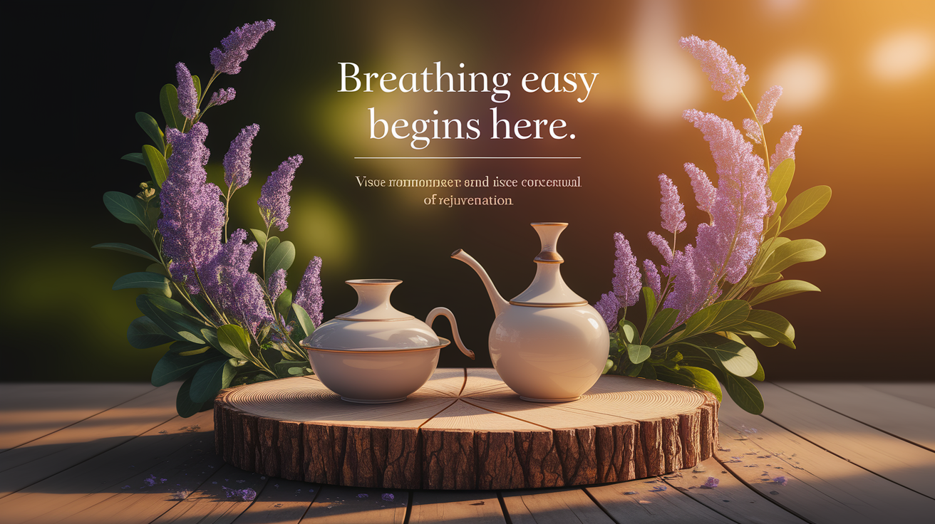A conceptual illustration representing Breathing Easy Begins Here. Visualize the main ideas: . Creative but clear representation of the concept. Style: Use shallow depth of field with selective focus to create a professional, intimate feel  Employ warm, natural lighting that casts a honey-golden glow on the main subjects  Position items on a rustic wooden surface, preferably a cross-section of a tree trunk with visible rings and natural texture  Incorporate vibrant green foliage and delicate purple flowers around the composition's edges  Maintain a soft, gently blurred natural background with subtle bokeh effect  Feature a harmonious color palette of amber, deep greens, and soft purples  Arrange elements at varying heights to create visual interest and natural flow  Create a clean, uncluttered composition that feels organic yet intentional  Capture fine details and textures with macro-photography techniques  Evoke a serene, botanical spa-like atmosphere that feels both premium and natural. high quality, detailed, professional, clean composition, good lighting, sharp focus, well-composed. high quality, professional, detailed, well-composed
